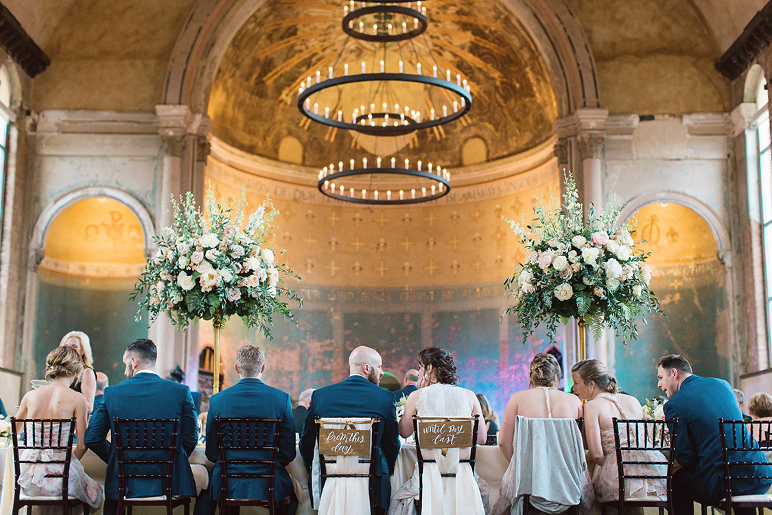 Wedding Reception at at The Monastery Event Center in Cincinnati, Ohio. Flowers by Floral Verde. Photo by Amanda Donaho Photography.