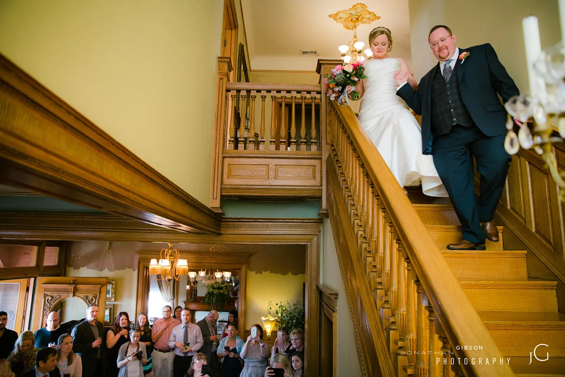 Wedding ceremony and reception at Wiedemann Hill Mansion in Newport, Kentucky. Flowers by Floral Verde. Photo by Jonathan Gibson Photography.