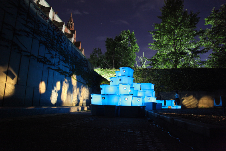 Light , Plastic containers, lens, light bulbs, motors, 2014. Installation for DLECTRICITY, Detroit, Michigan