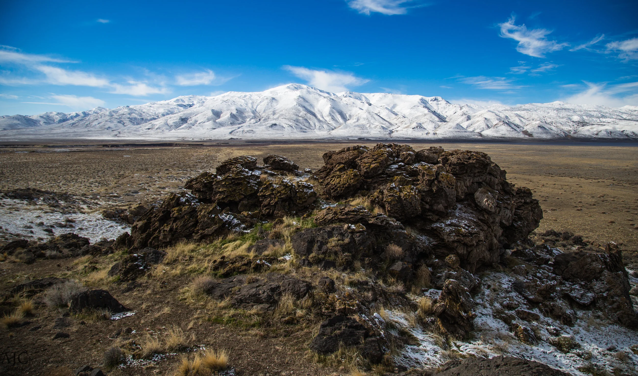 Volcanic rock formations rimming Pyramid Lake.