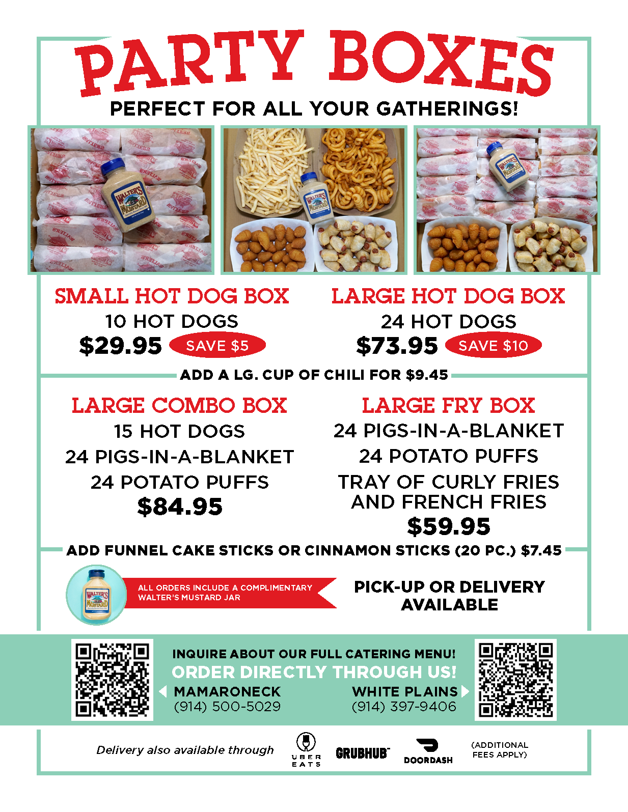 Walter's Hot Dogs Party Boxes menu