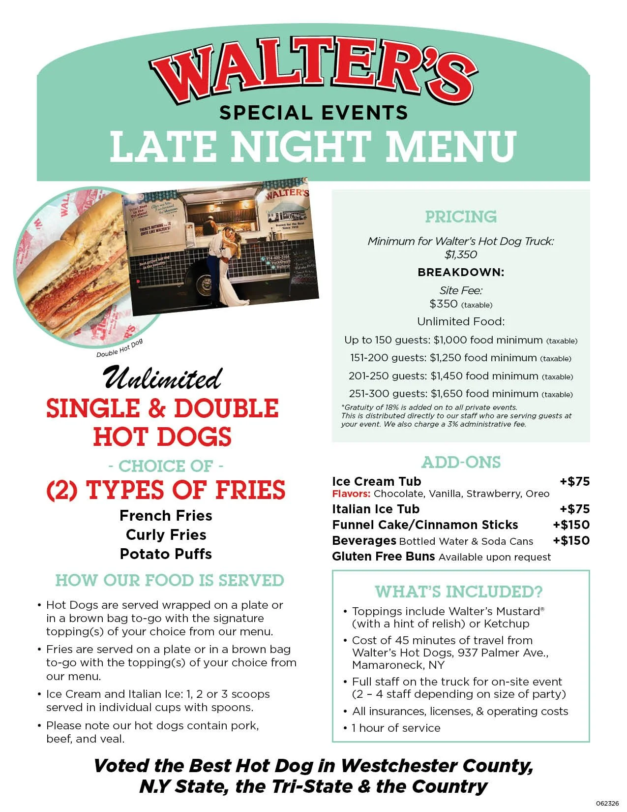 Walter's Hot Dogs Truck - Late Night Special Events Menu - page 1