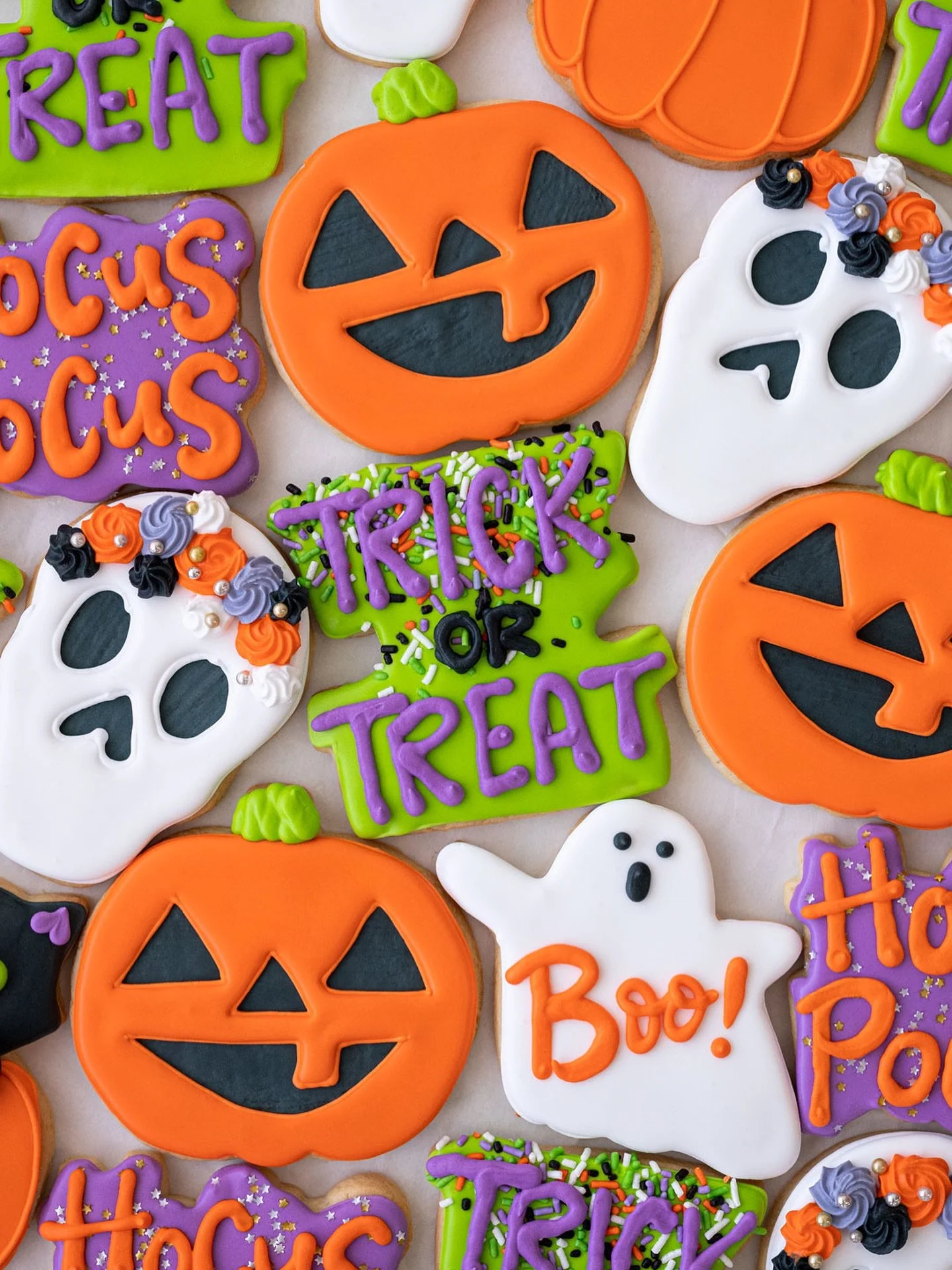 Iced and Sanding Sugar Halloween Cookies are officially haunting the cookie case now 👻🎃💀🐈&zwj;⬛✨🧙&zwj;♀️ Available till sold out every day through 10/31, or get &lsquo;em by submitting a preorder request at the Sugar Cookie link in bio.