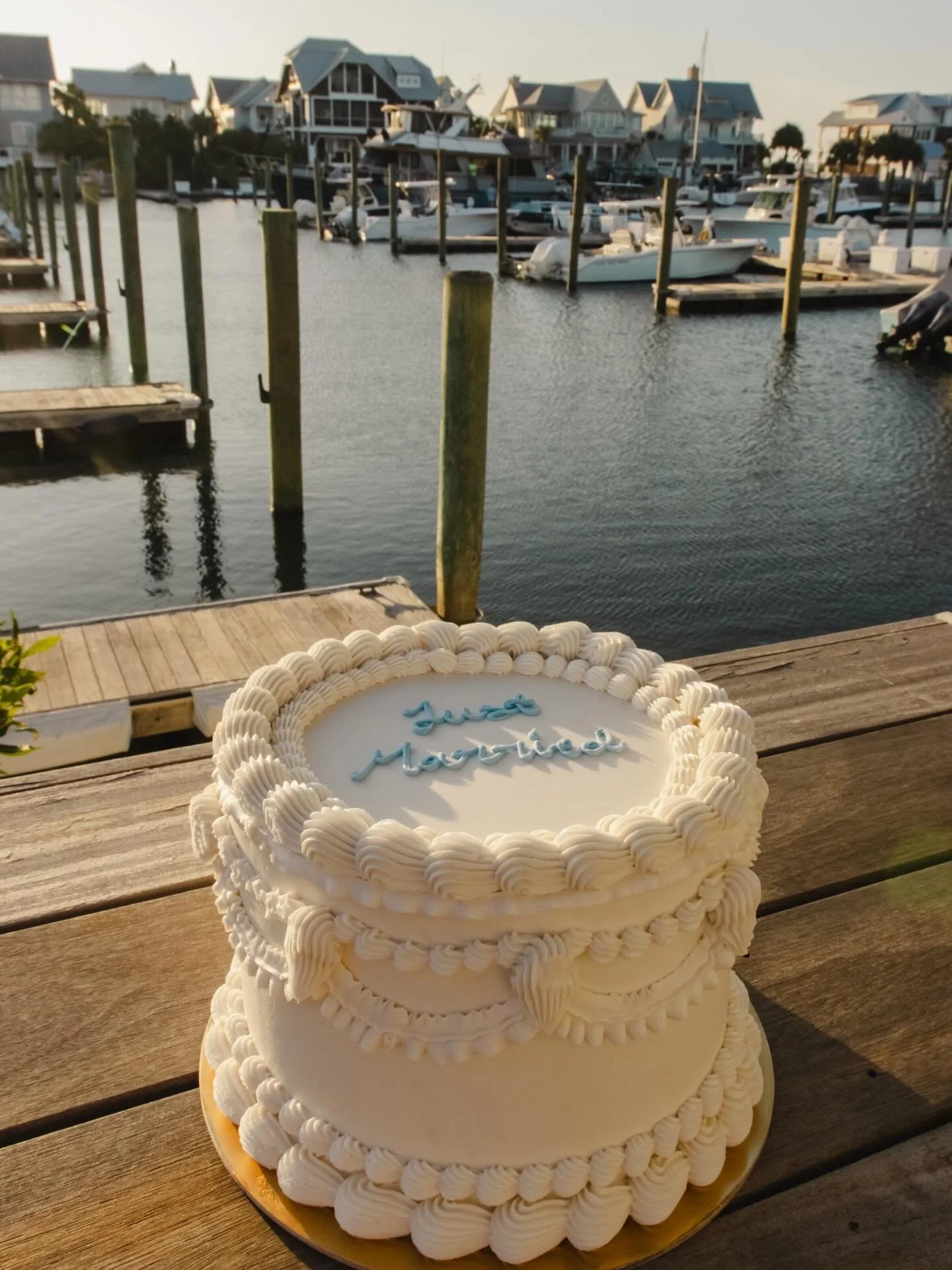 Salt air, a Vintage Cake, and a &lsquo;just married&rsquo; moment 🌊🎂🤍

📷 @lorilkubica / @_avahicks_ 

#weddingcake #cake #dessert