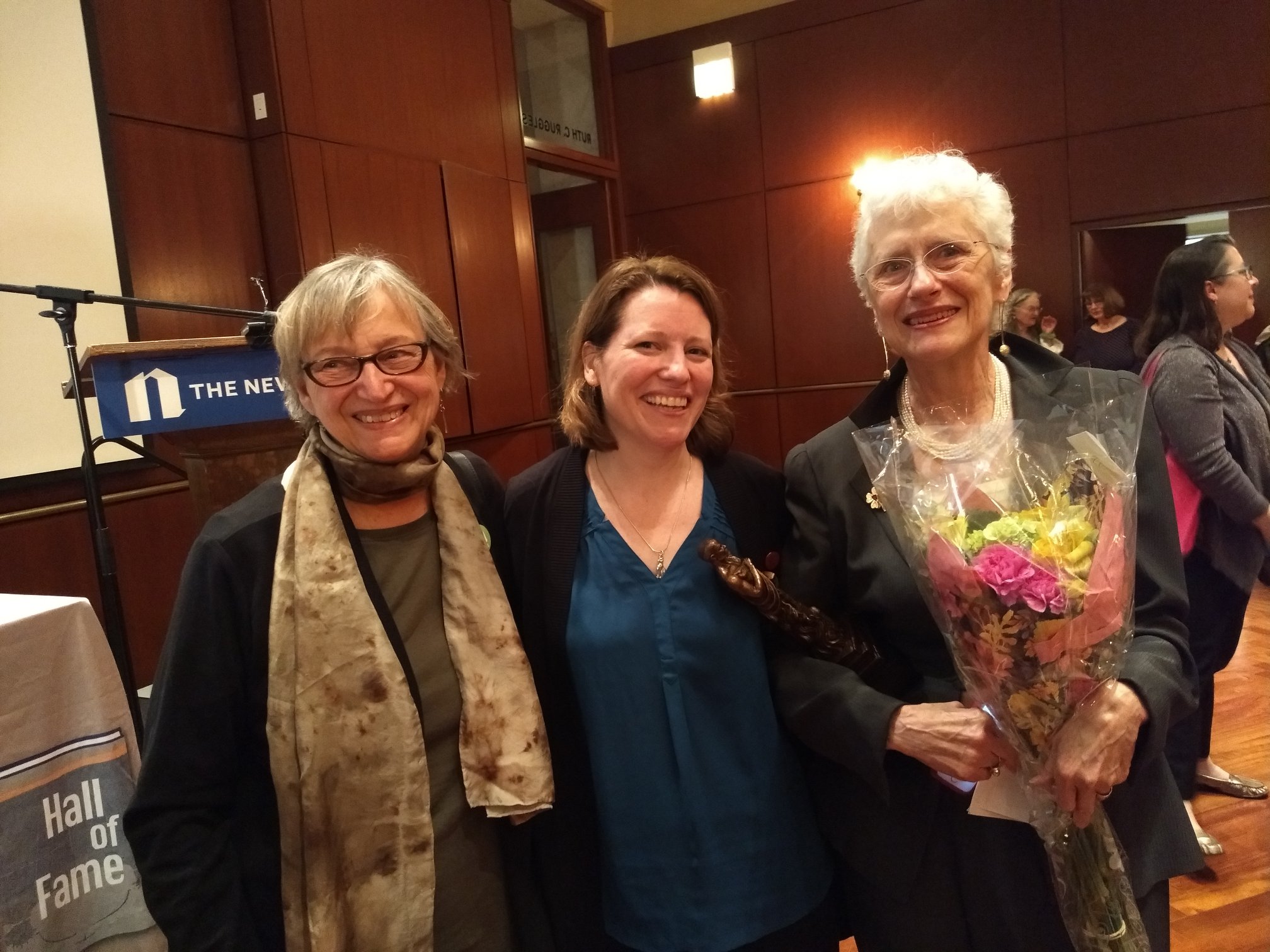 Sisters in Crime salutes founder Sara Paretsky at the Chicago Literary Hall of Fame. With Susanna Calkins. May, 2019.