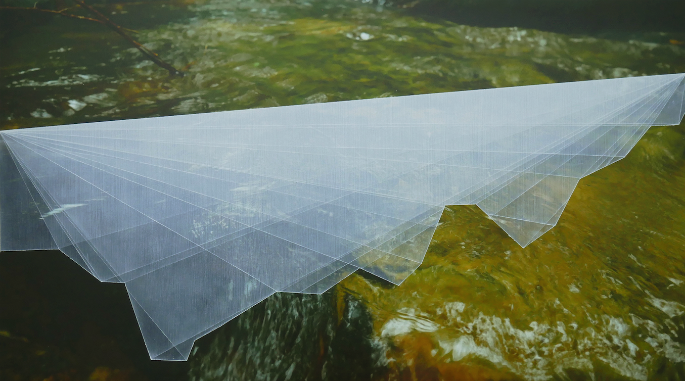 River Scintillation. Mixed media on paper (digital photograph and oil), 17” x 30”, 2016. Photos taken at Adolpho Ducke Rainforest Reserve, Manaus, Brazil