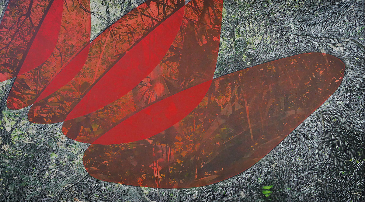   Red Oculus.  Mixed media on paper (digital photograph, oil and ink), 20” x 36”, 2016.  Photos taken at Adolpho Ducke Rainforest Reserve, Manaus, Brazil  