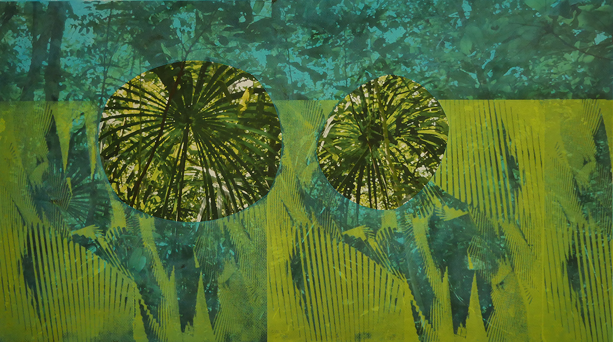   Seeing Double (Green).  Mixed media on paper (digital photograph, screen print and oil), 20” x 36”, 2017.  Photos taken at Adolpho Ducke Rainforest Reserve, Manaus, Brazil  