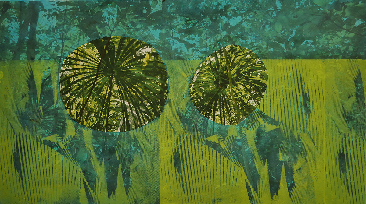 Seeing Double (Green). Mixed media on paper (digital photograph, screen print and oil), 20” x 36”, 2017. Photos taken at Adolpho Ducke Rainforest Reserve, Manaus, Brazil