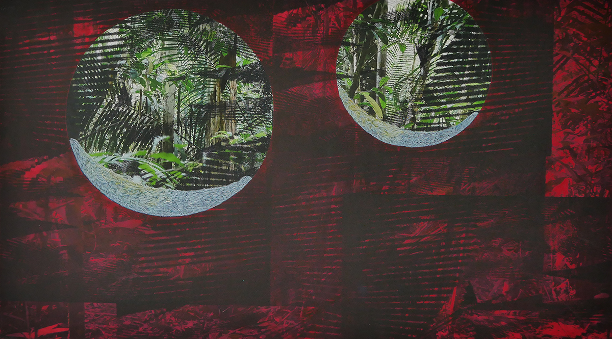   Seeing Double (Red).  Mixed media on paper (digital photograph, screen print and oil), 20” x 36”, 2017.  Photos taken at Adolpho Ducke Rainforest Reserve, Manaus, Brazil  