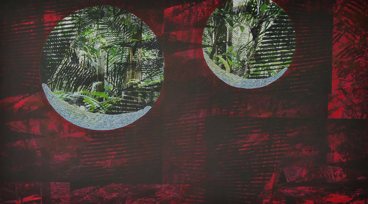 Seeing Double (Red). Mixed media on paper (digital photograph, screen print and oil), 20” x 36”, 2017. Photos taken at Adolpho Ducke Rainforest Reserve, Manaus, Brazil