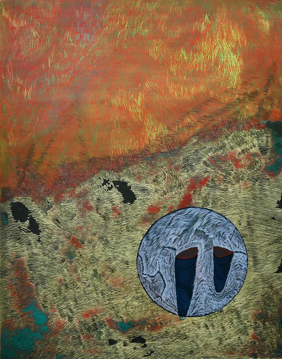Last Animal Watching no.3 (under an orange horizon). Oil and ink on panel, 14" x 11", 2017.