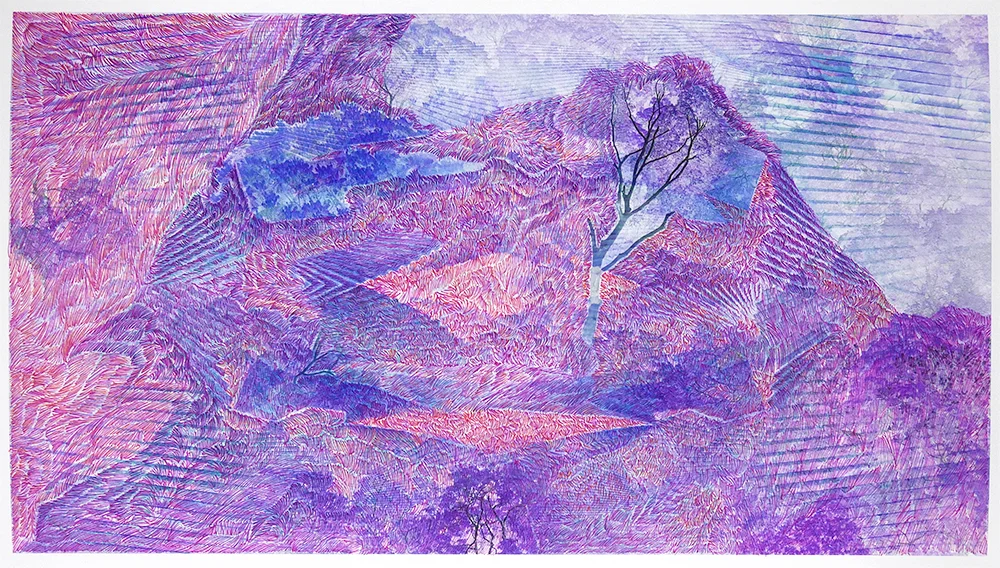 Blind Forest (fog). Pen and ink over digital photograph on paper, 8.5” x 15”, 2018
