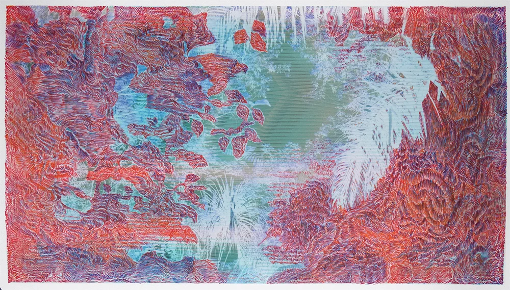 Blind Forest (hive). Pen and ink over digital photograph on paper, 8.5” x 15”, 2018