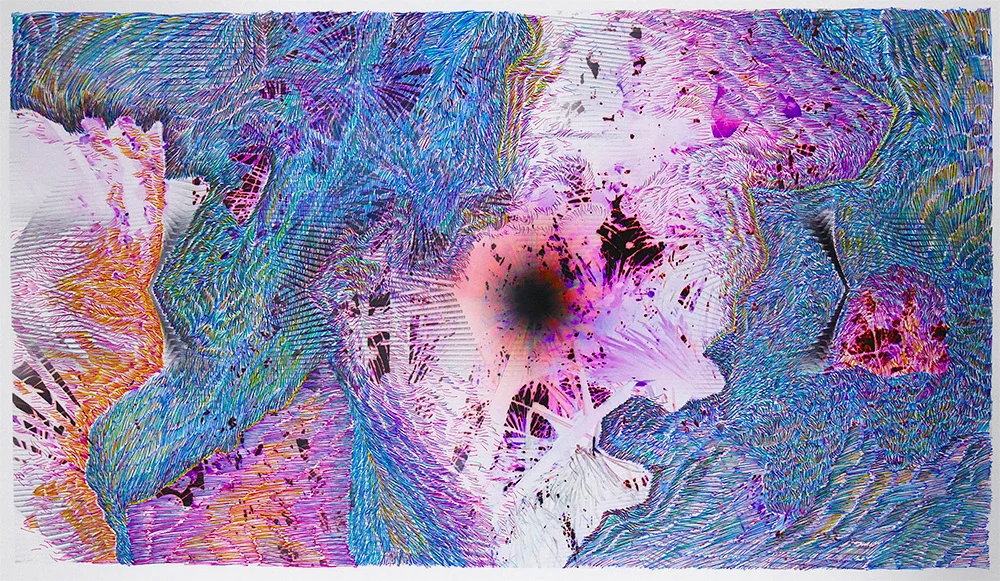 Blind Forest (oculus). Pen and ink over digital photograph on paper, 8.5” x 15”, 2018