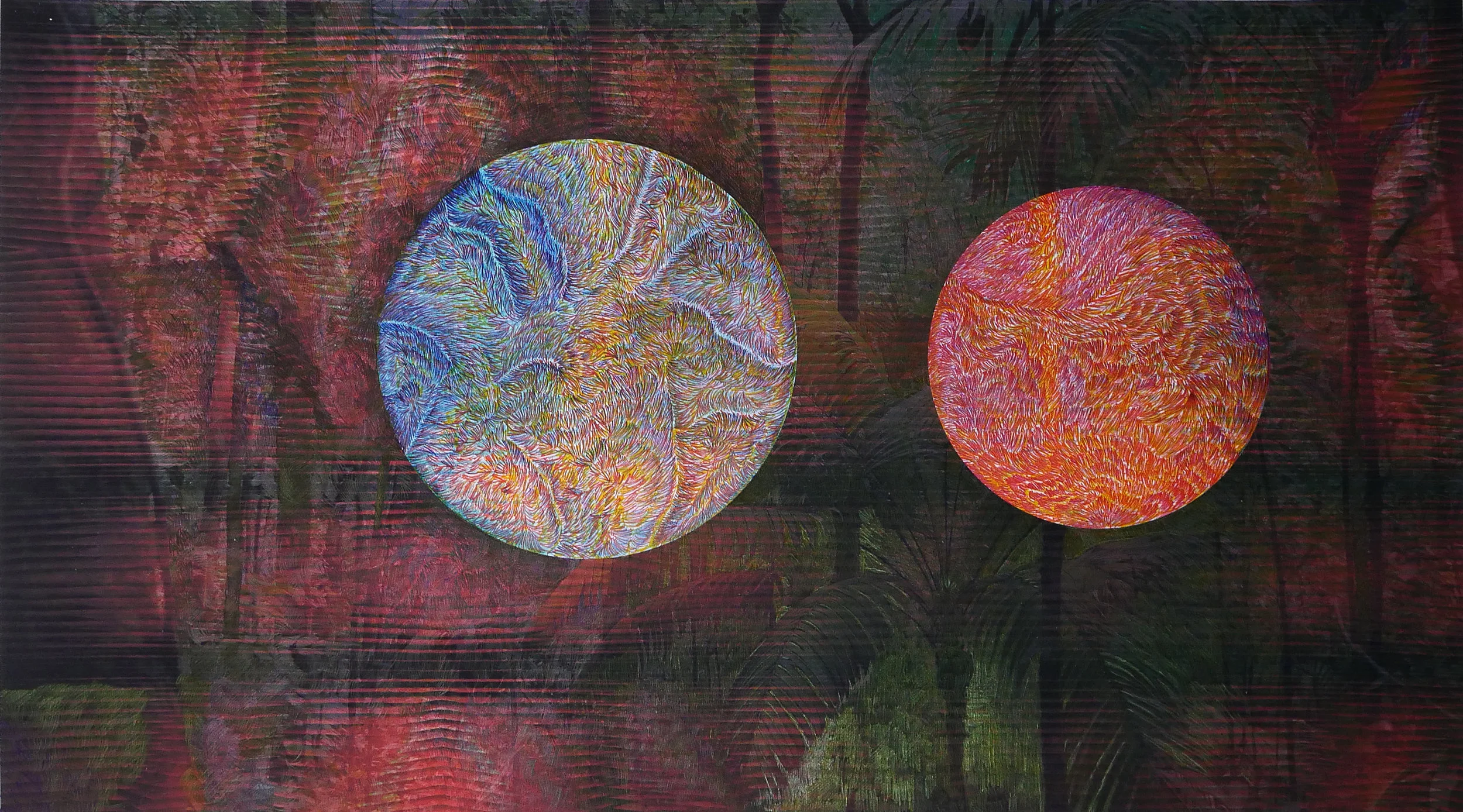 Blind Forest (fuzzy eyes). Pen and ink over digital photograph on paper, 11” x 18”, 2018