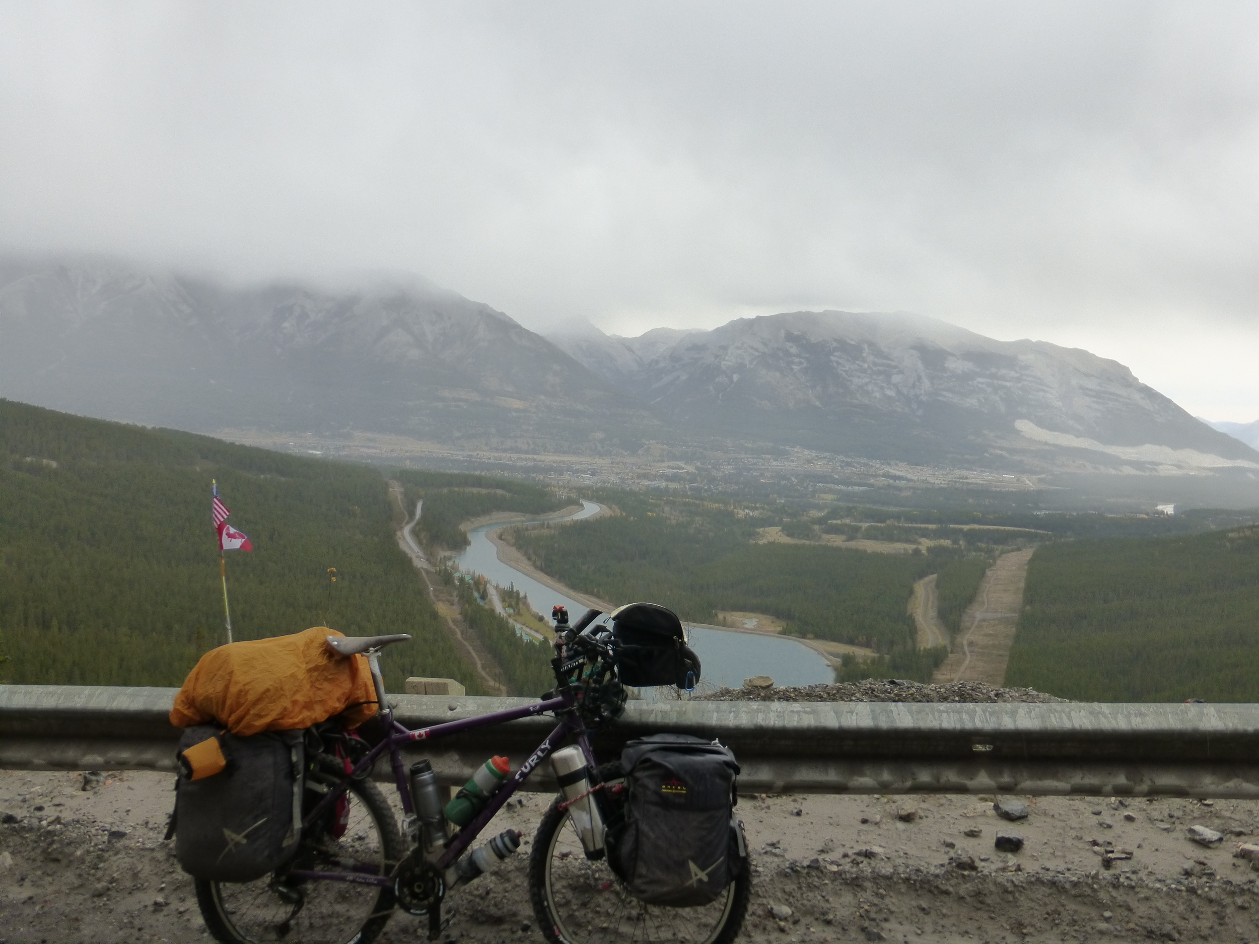 Deadhorse (the bike) overloaded with 10 days supply of food and a lot of stuff I don't really need! (overlooking Canmore)