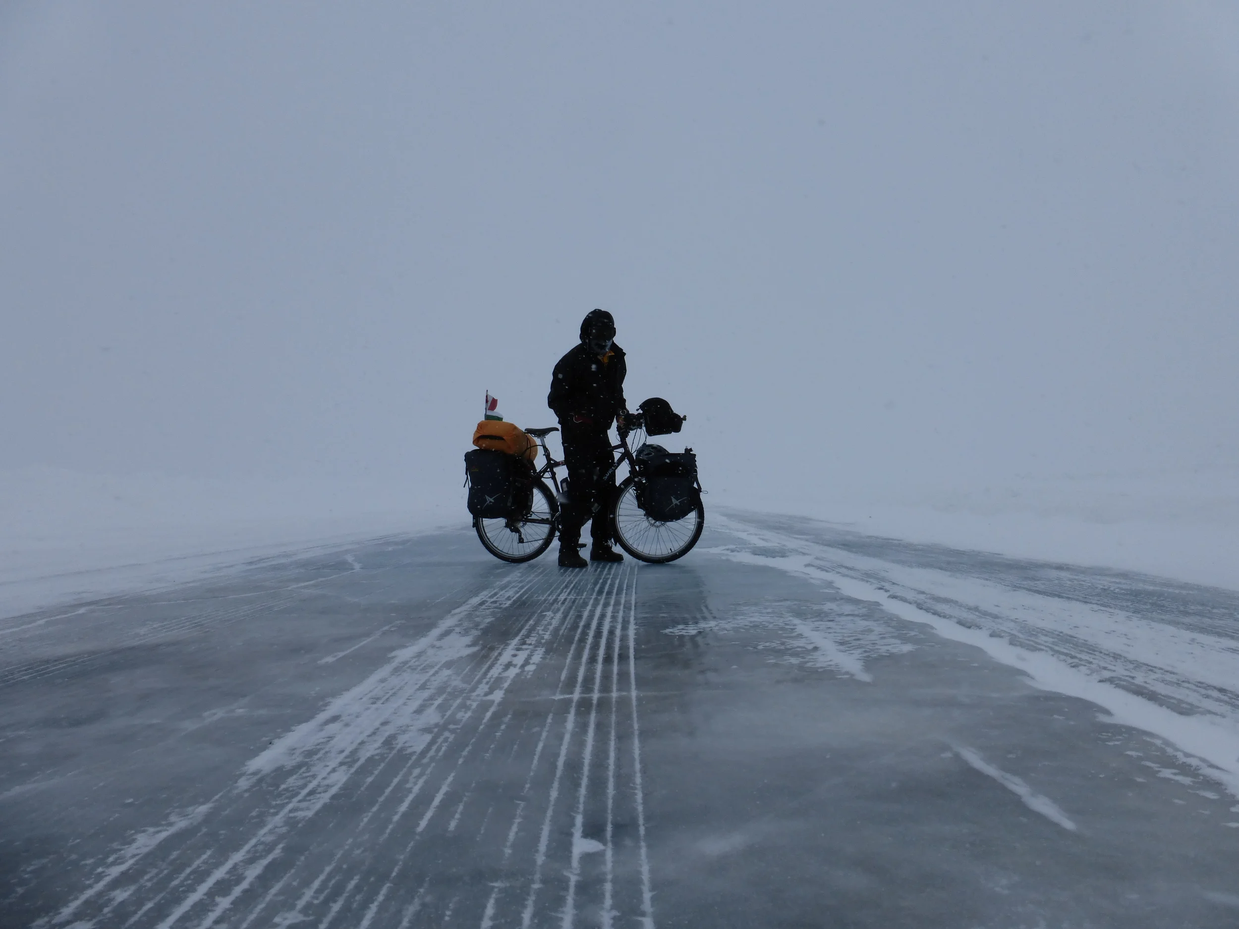Snow storm on the ice road.