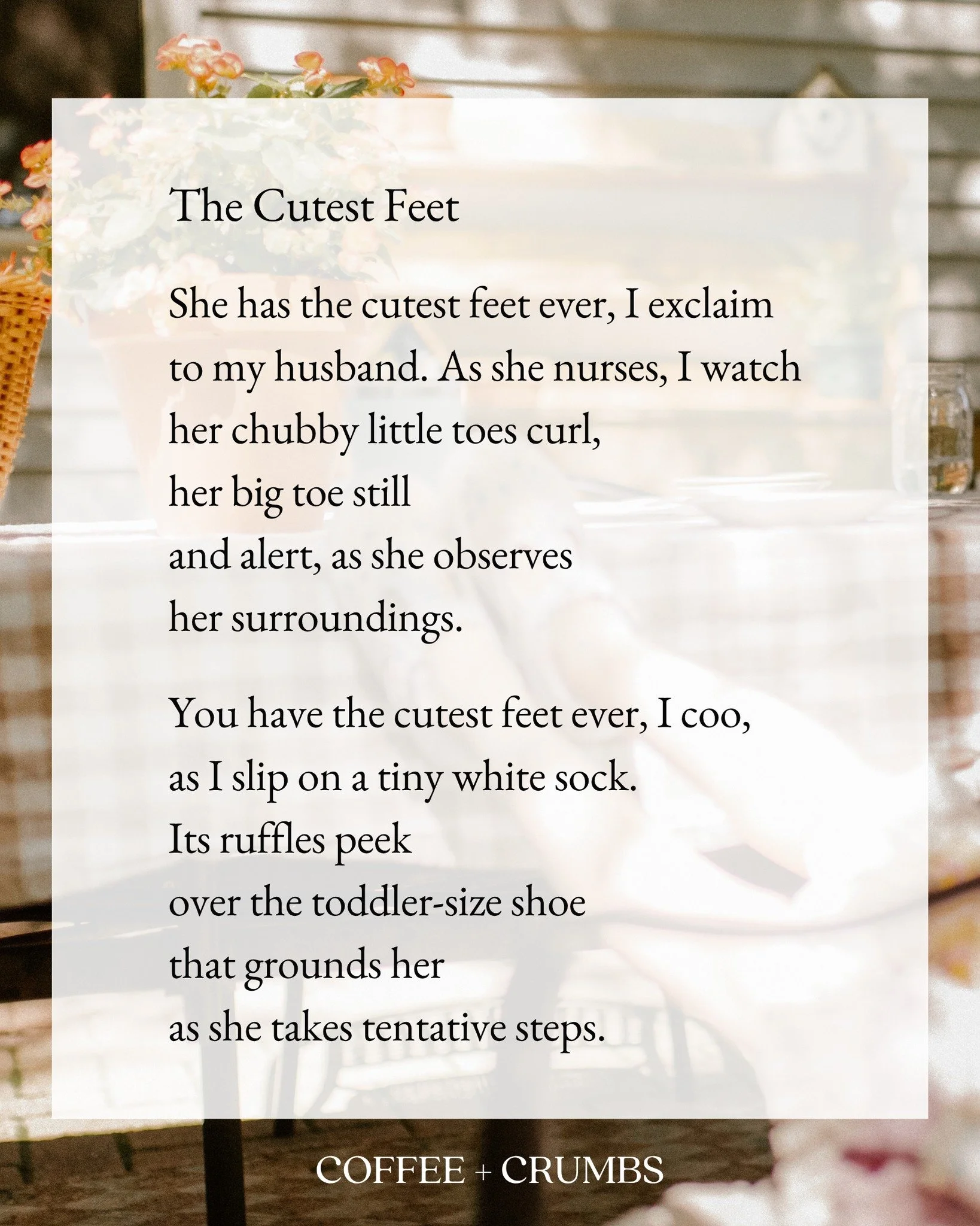 The Cutest Feet

She has the cutest feet ever, I exclaim
to my husband. As she nurses, I watch
her chubby little toes curl,
her big toe still
and alert, as she observes
her surroundings.

You have the cutest feet ever, I coo,
as I slip on a tiny whit