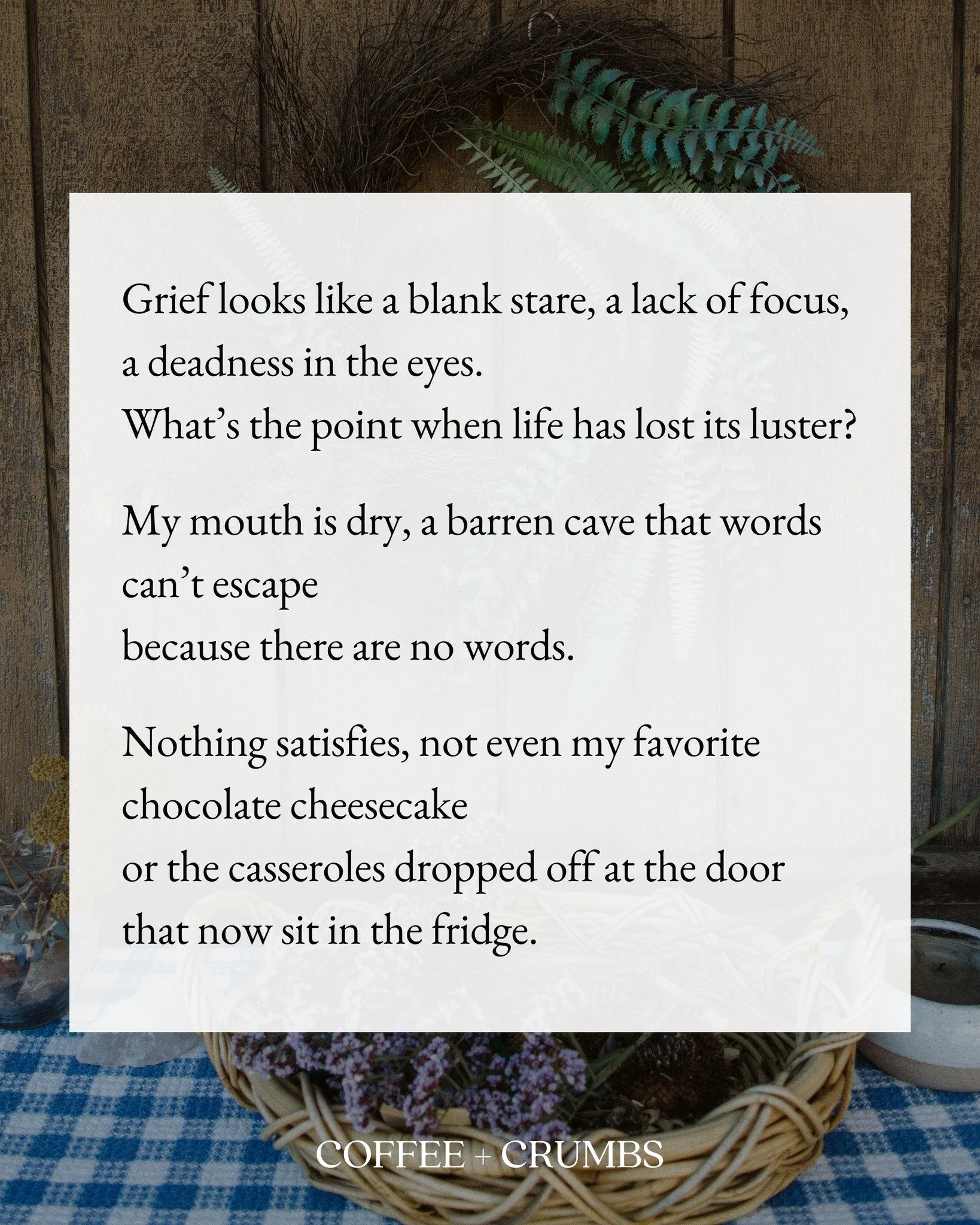 Grief looks like a blank stare, a lack of focus, a deadness in the eyes.
What’s the point when life has lost its luster?
My mouth is dry, a barren cave that words can’t escape
because there are no words.
Nothing satisfies, not even my f