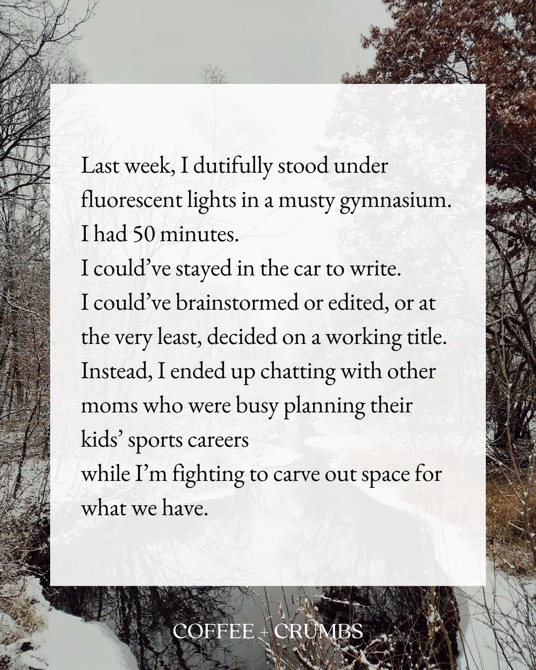 Last week, I dutifully stood under fluorescent lights in a musty gymnasium.
I had 50 minutes.
I could&rsquo;ve stayed in the car to write.
I could&rsquo;ve brainstormed or edited, or at the very least, decided on a working title.
Instead, I ended up 