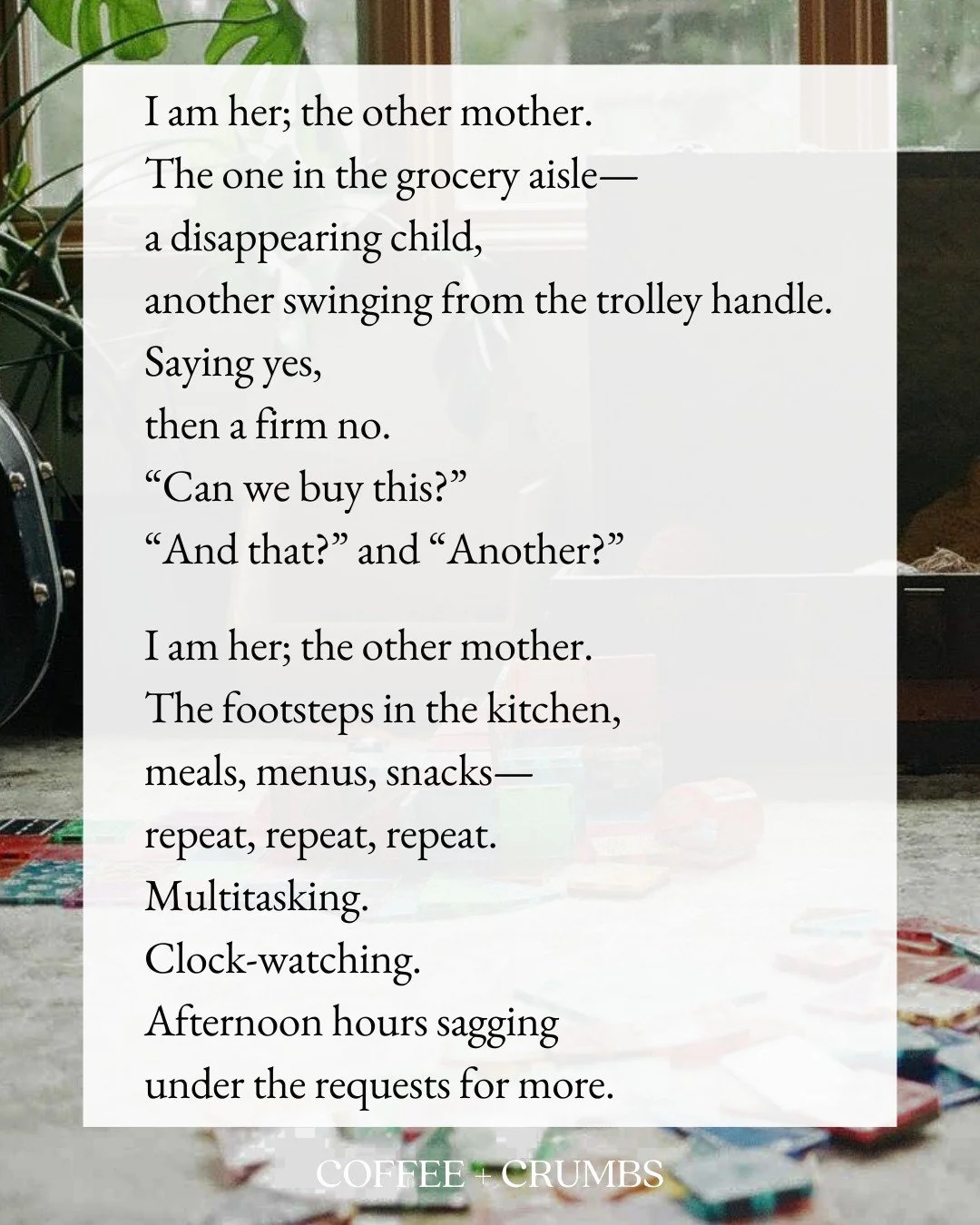 I am her; the other mother.
The one in the grocery aisle&mdash;
a disappearing child,
another swinging from the trolley handle.
Saying yes,
then a firm no.
&ldquo;Can we buy this?&rdquo;
&ldquo;And that?&rdquo; and &ldquo;Another?&rdquo;

I am her; t