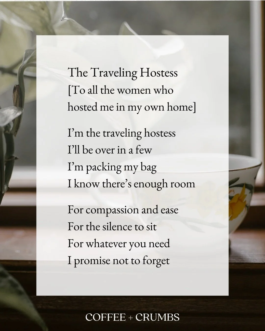 The Traveling Hostess
[To all the women who hosted me in my own home]

I&rsquo;m the traveling hostess
I&rsquo;ll be over in a few
I&rsquo;m packing my bag
I know there&rsquo;s enough room

For compassion and ease
For the silence to sit
For whatever 