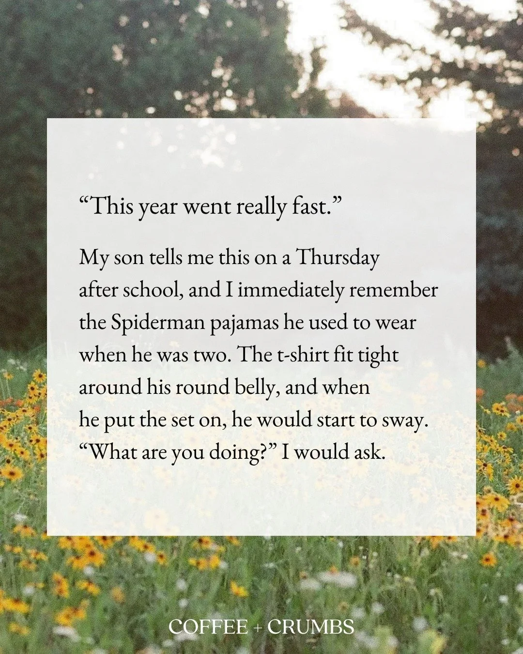 &ldquo;This year went really fast.&rdquo;

My son tells me this on a Thursday
after school, and I immediately remember
the Spiderman pajamas he used to wear
when he was two. The t-shirt fit tight
around his round belly, and when
he put the set on, he