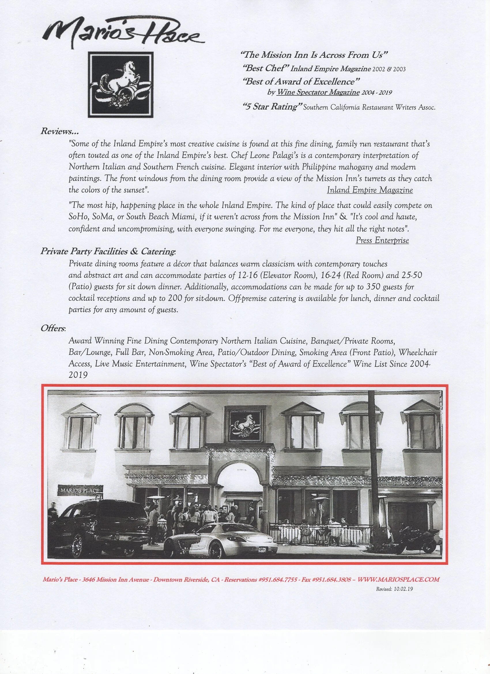 Banquet Menu Marios Place