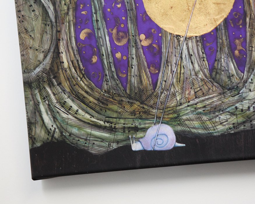 A rectangular canvas giclee depicts three lavender snails crawling on a forest floor. Golden balloons fly amid swirling, textured tree trunks before a deep purple sky with intricate gold leaf details.