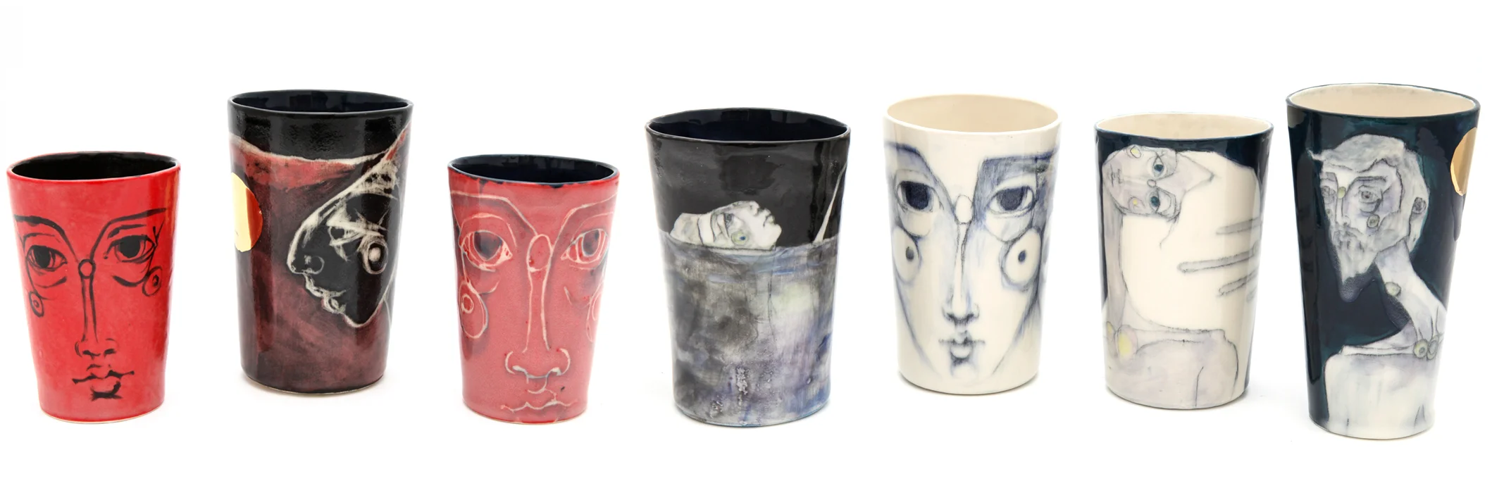 One of a kind cups with glaze & pencil or sgraffito & glaze. Some have 24kt gold glaze.