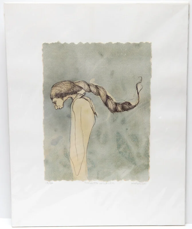 Kate Morgan art female artist original hand layered mixed media mono print drawing painting printmaking assemblage "Thoughts of Wolves"