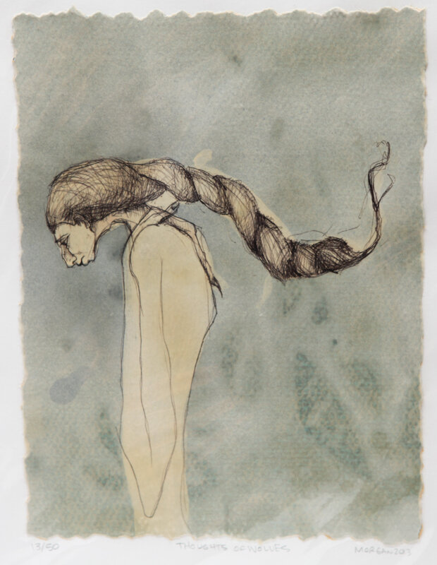 Kate Morgan art female artist original hand layered mixed media mono print drawing painting printmaking assemblage "Thoughts of Wolves"