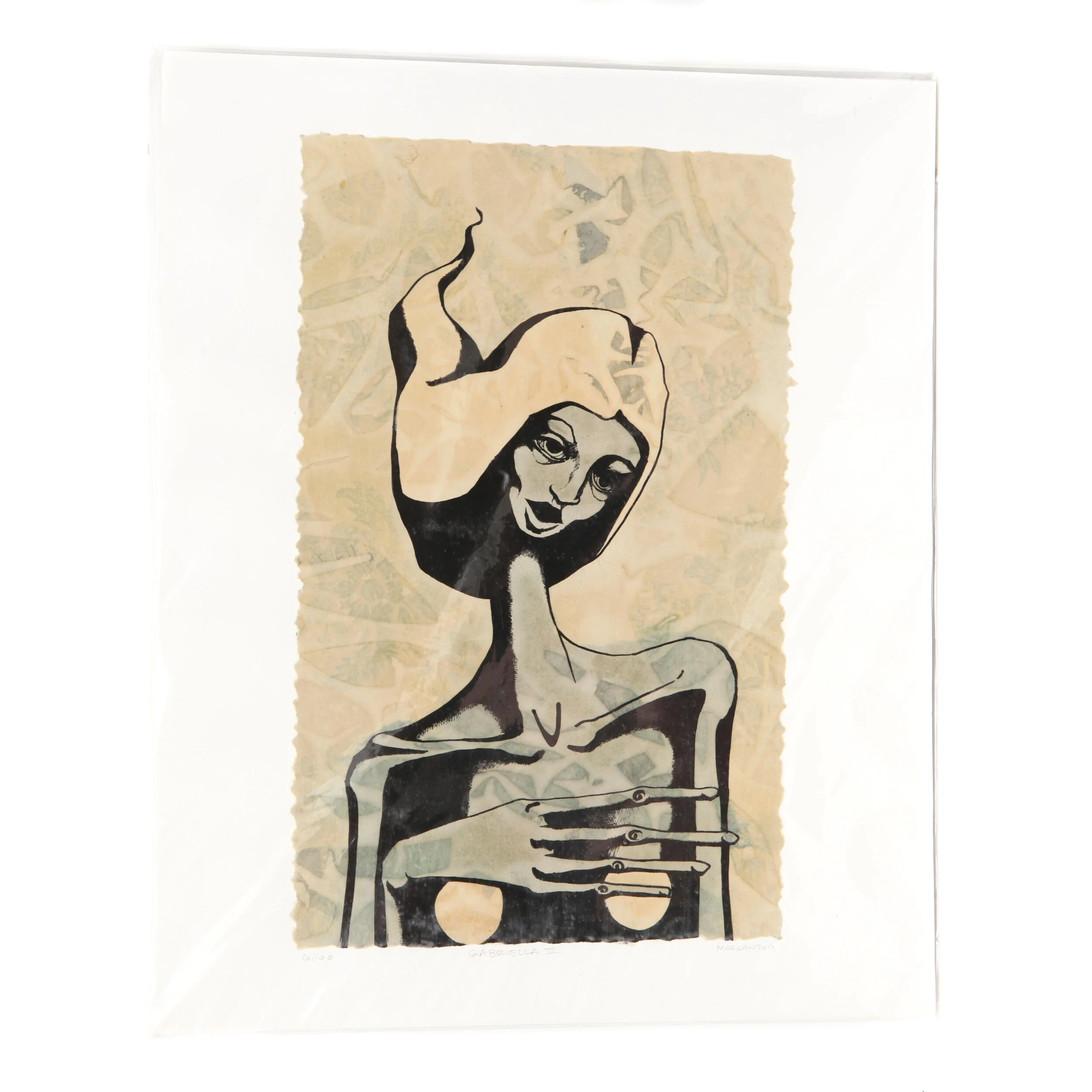 Kate Morgan art female artist original hand layered mixed media mono print drawing painting printmaking assemblage signed numbered "Gabriella"