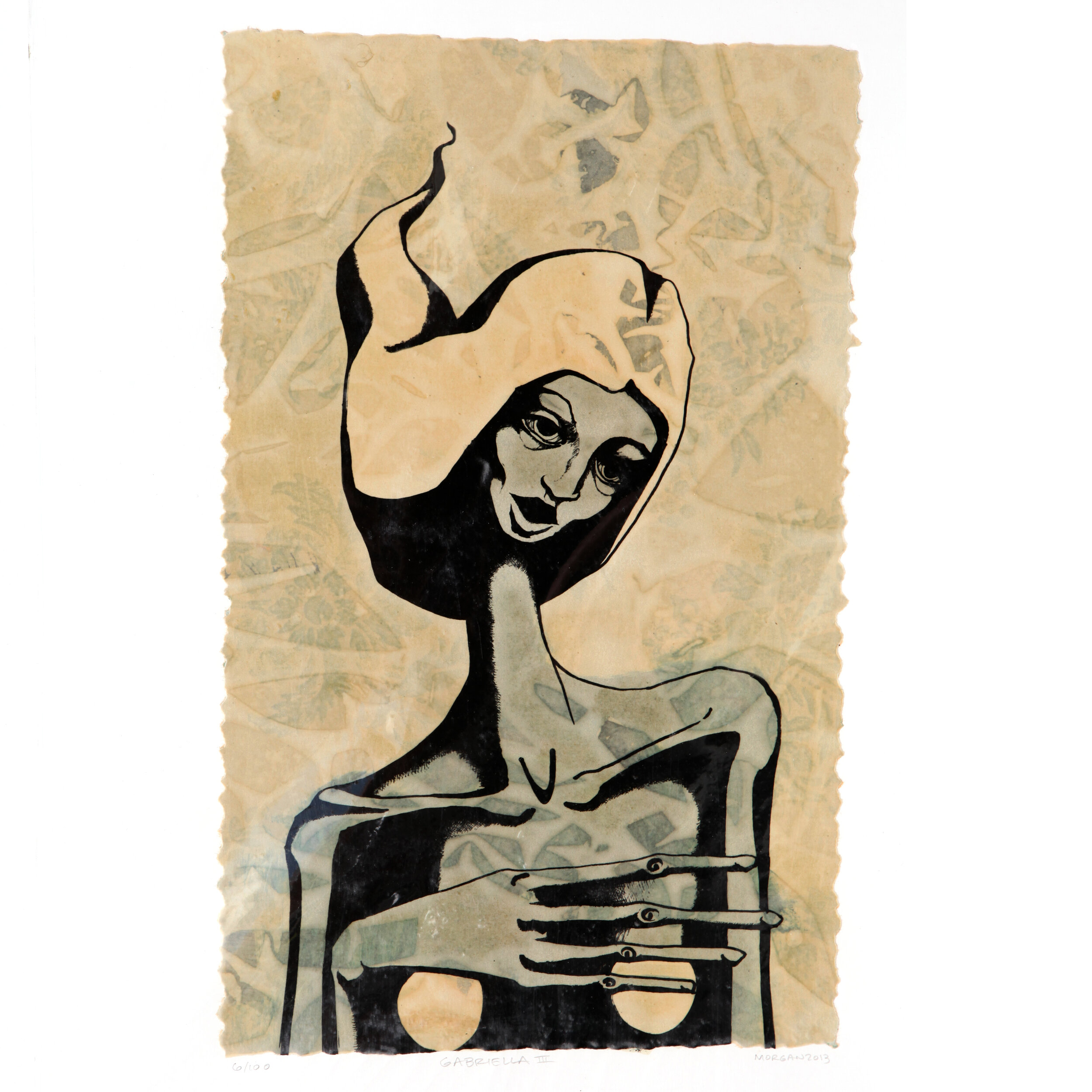 Kate Morgan art female artist original hand layered mixed media mono print drawing painting printmaking assemblage signed numbered "Gabriella"