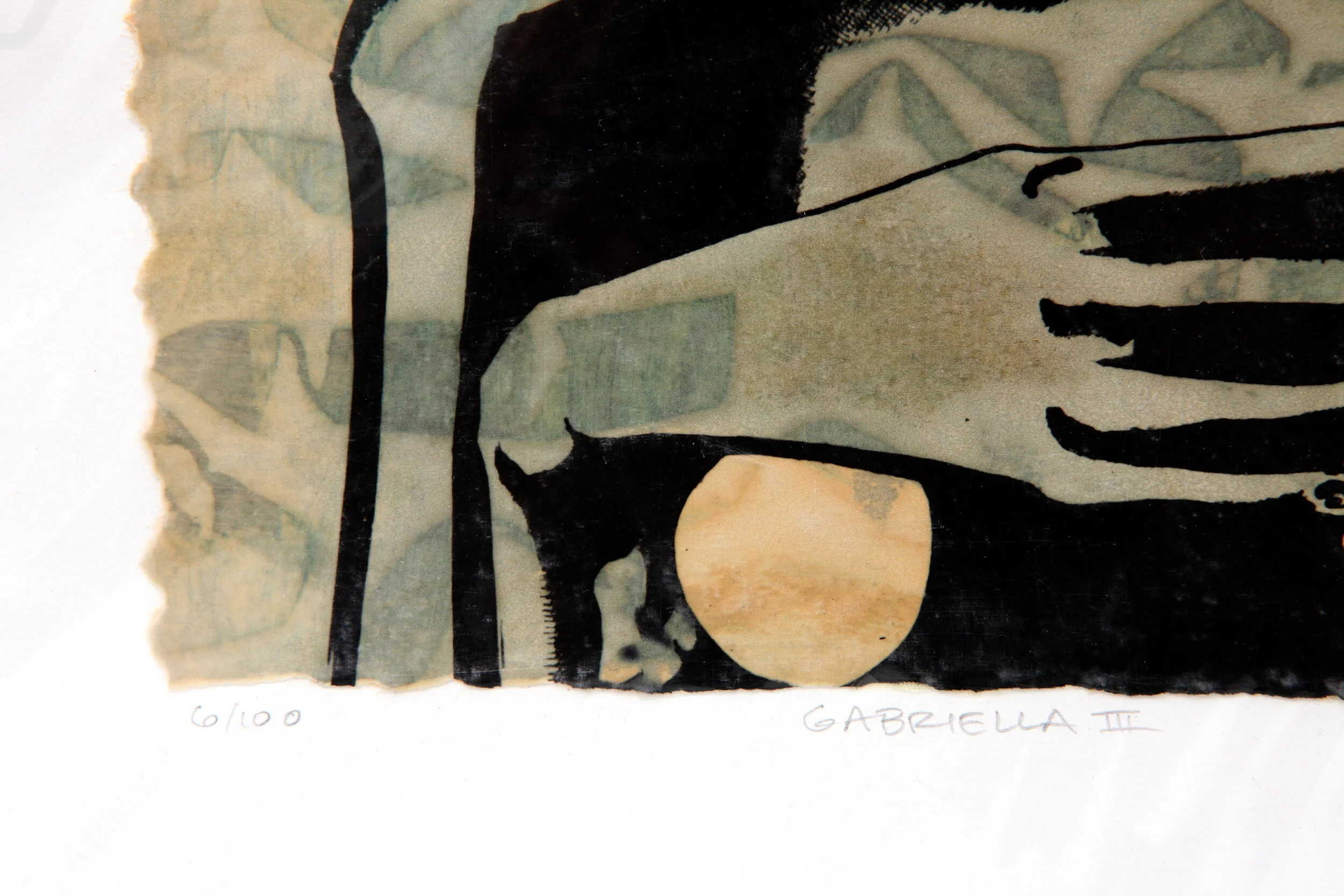 detail of Kate Morgan art female artist original hand layered mixed media mono print drawing painting printmaking assemblage signed numbered "Gabriella"