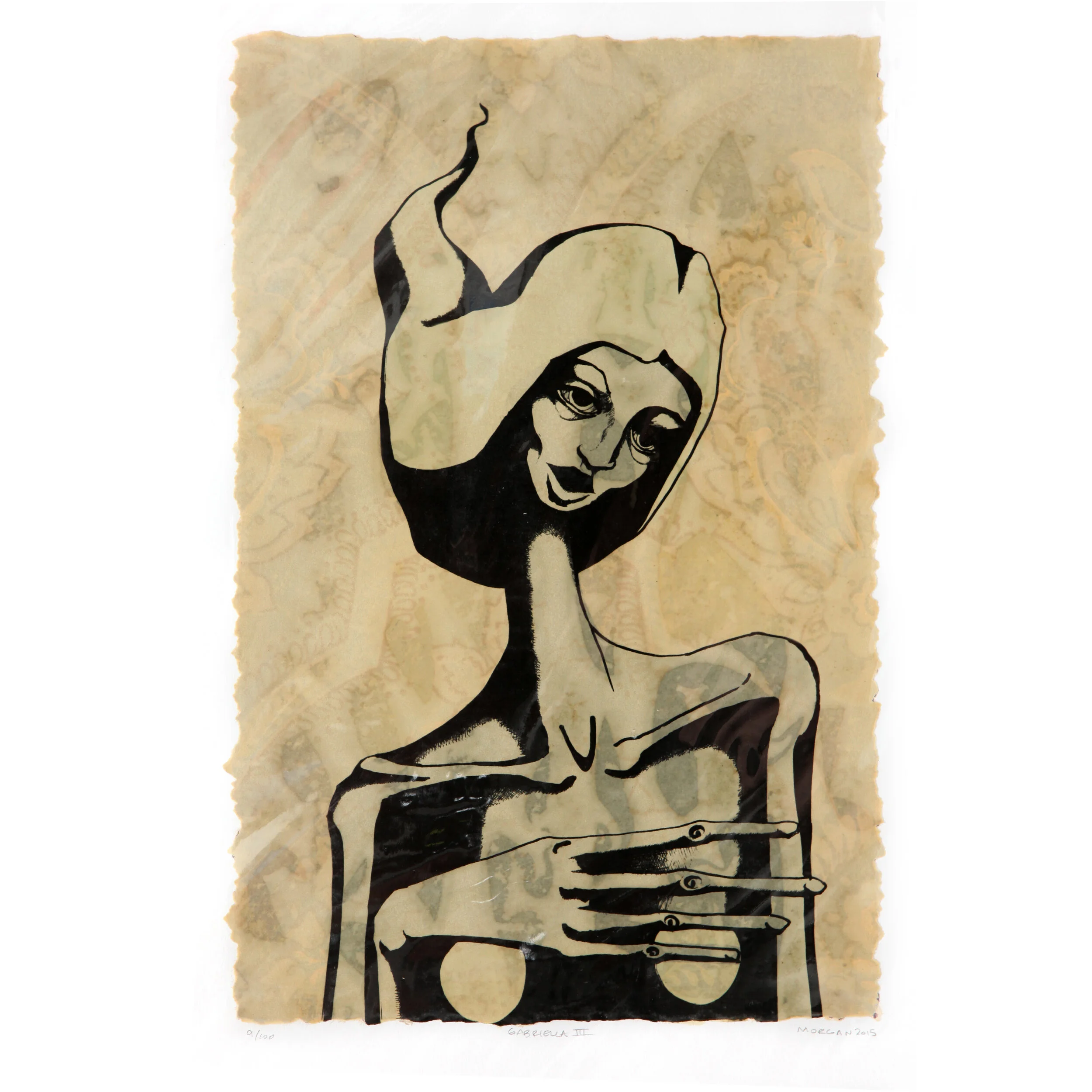 Kate Morgan art female artist original hand layered mixed media mono print drawing painting printmaking assemblage signed numbered "Gabriella"