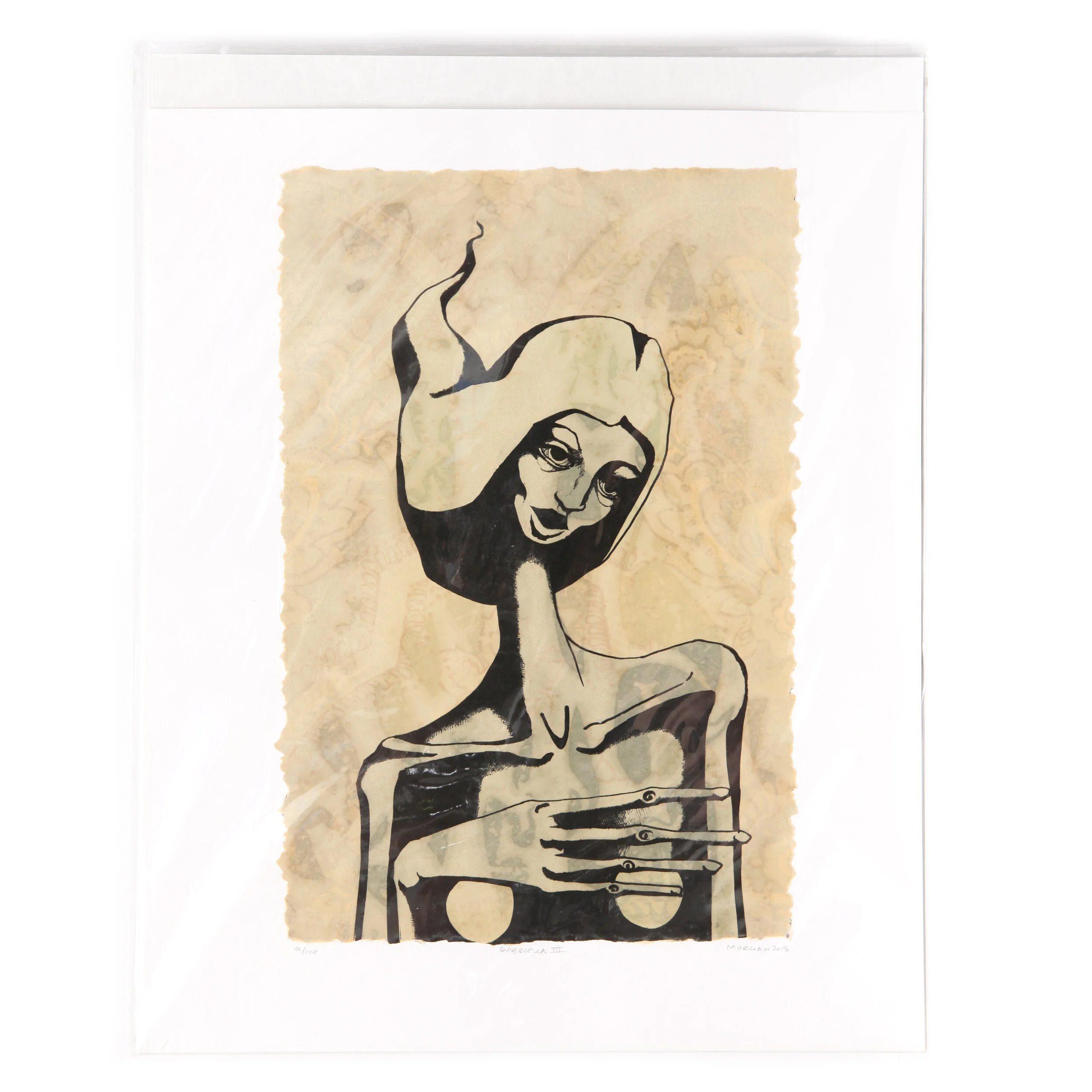 Kate Morgan art female artist original hand layered mixed media mono print drawing painting printmaking assemblage signed numbered "Gabriella"