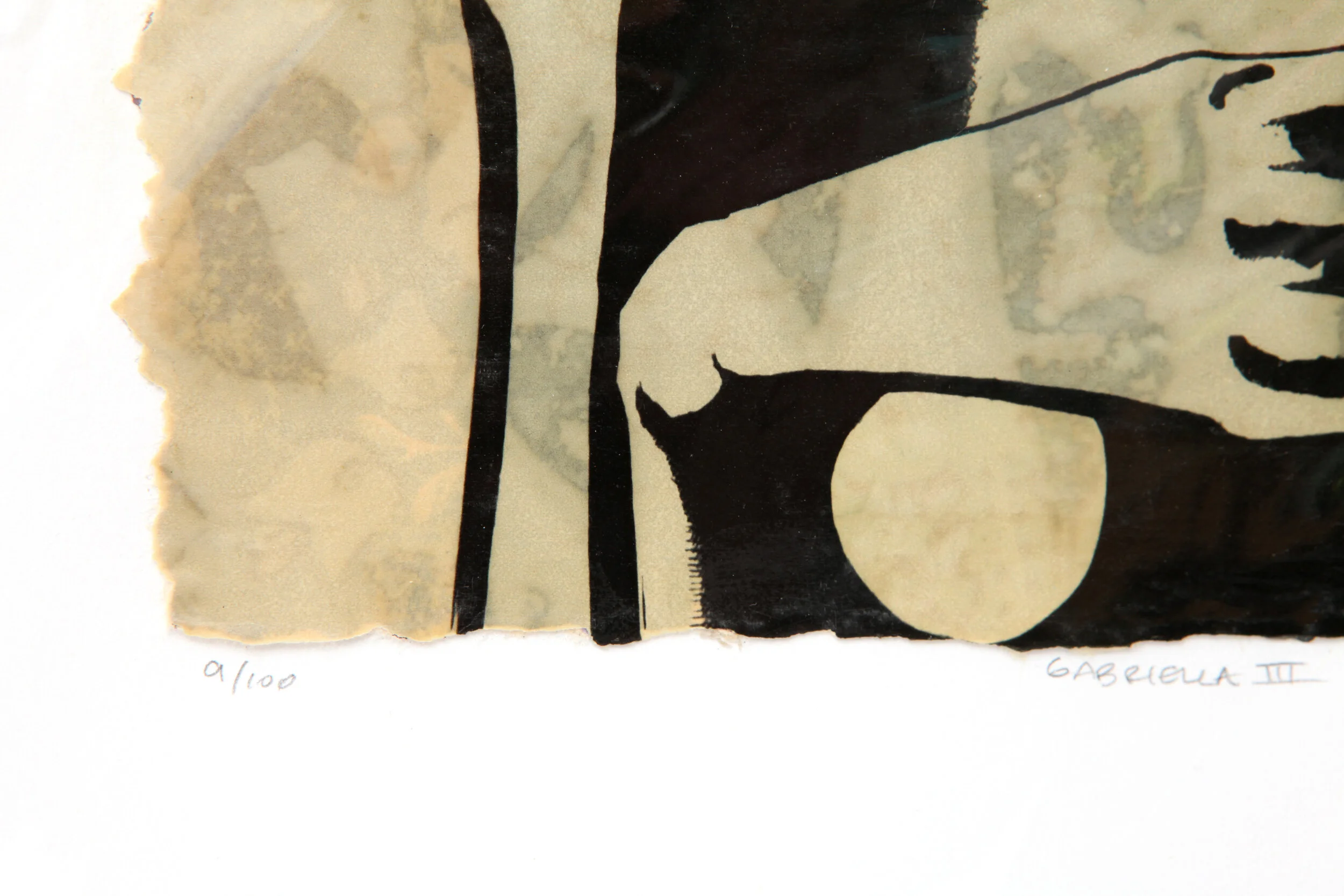 detail of Kate Morgan art female artist original hand layered mixed media mono print drawing painting printmaking assemblage signed numbered "Gabriella"