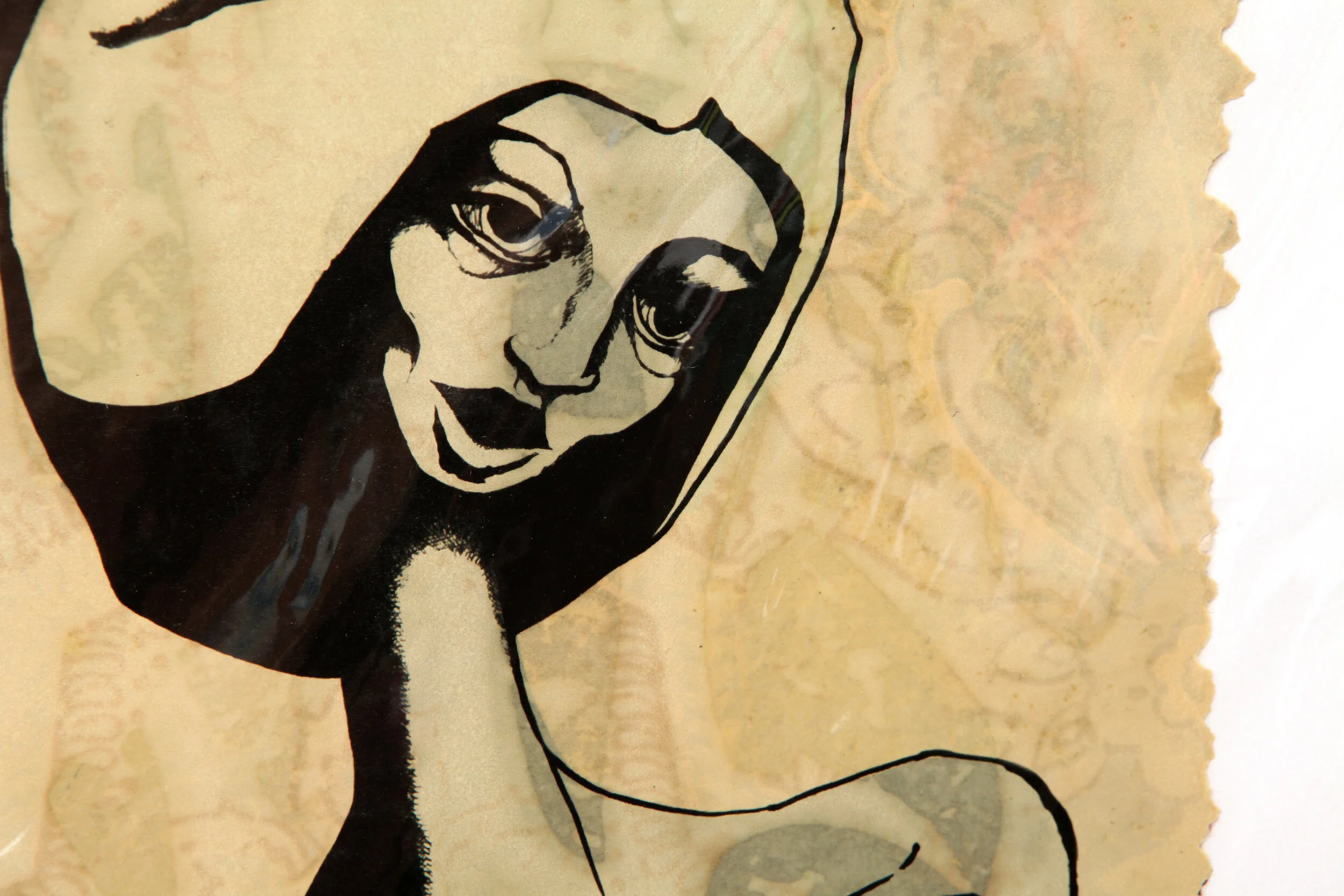 detail of Kate Morgan art female artist original hand layered mixed media mono print drawing painting printmaking assemblage signed numbered "Gabriella"