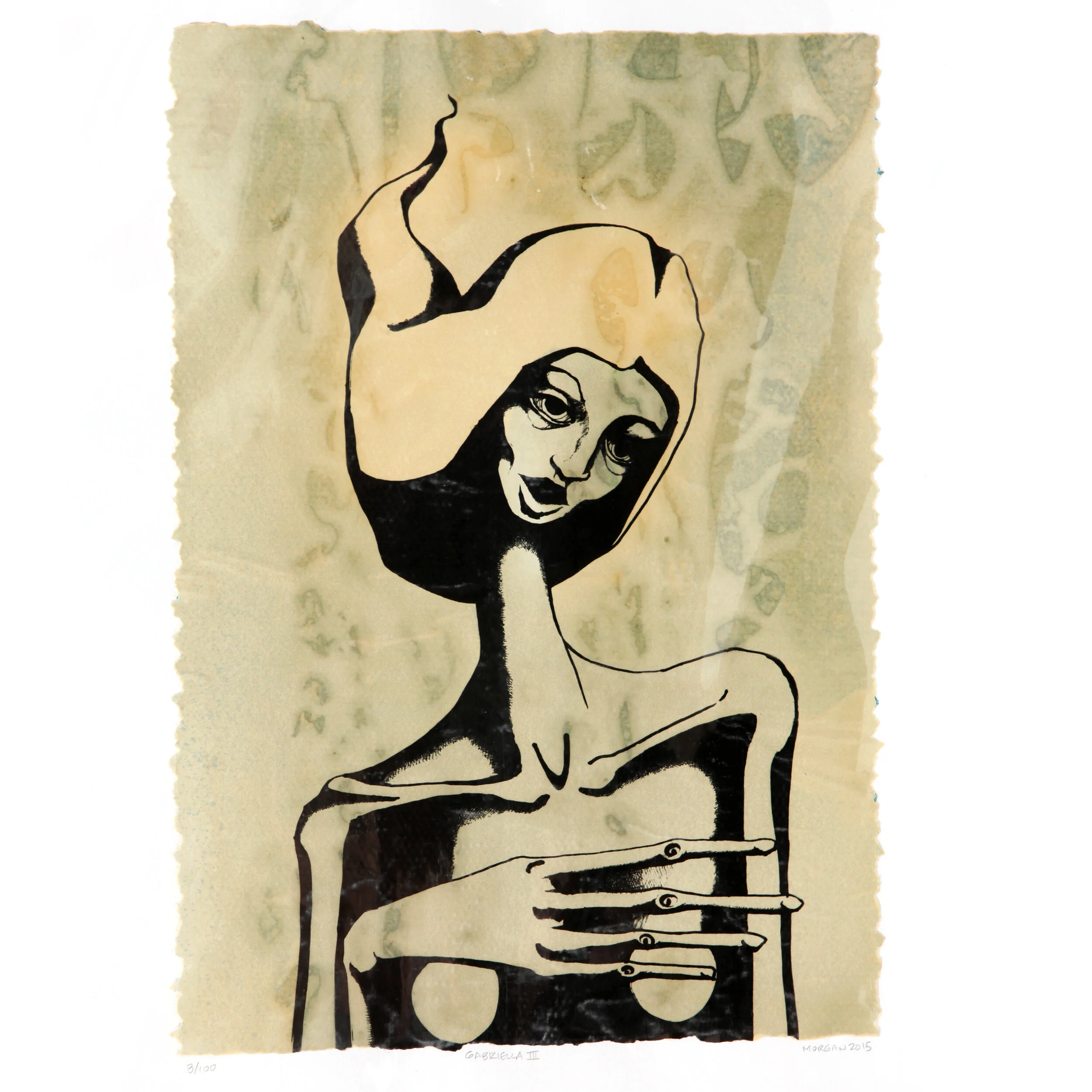 Kate Morgan art female artist original hand layered mixed media mono print drawing painting printmaking assemblage signed numbered "Gabriella"