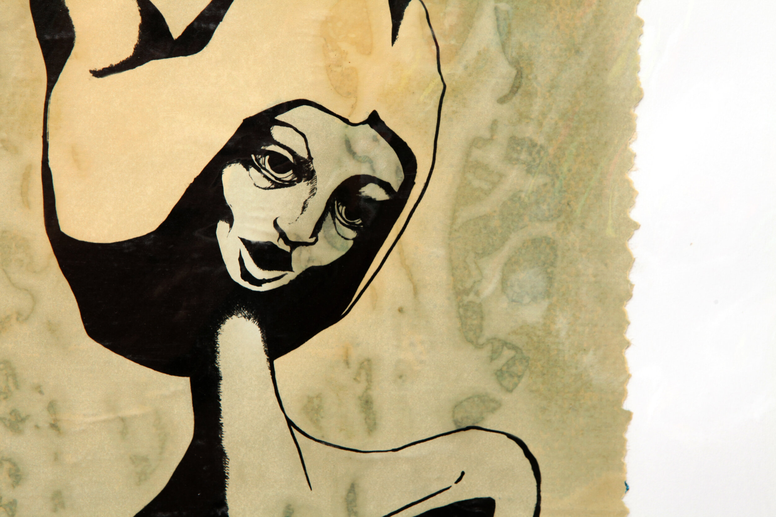 detail of Kate Morgan art female artist original hand layered mixed media mono print drawing painting printmaking assemblage signed numbered "Gabriella"