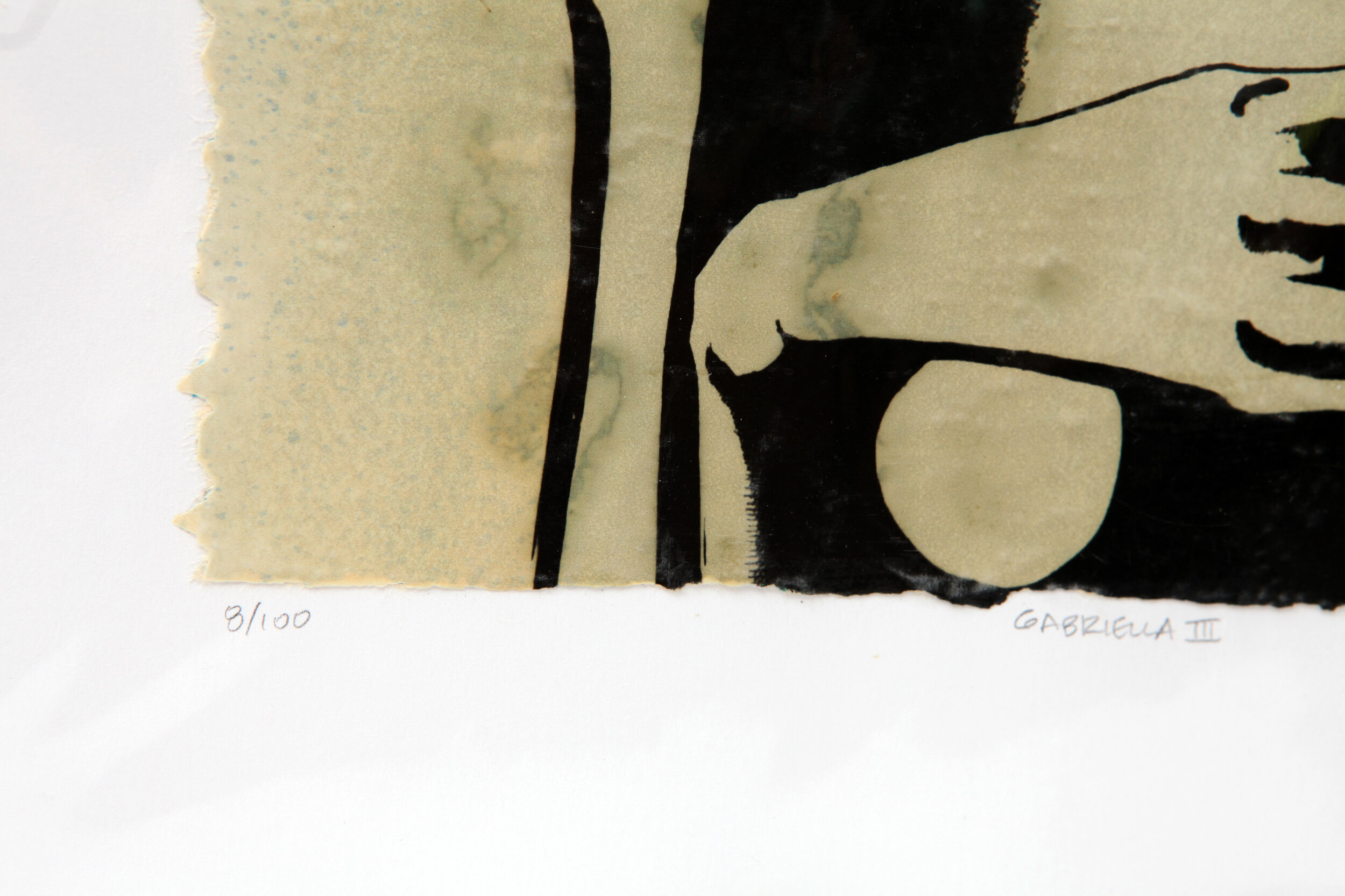 detail of Kate Morgan art female artist original hand layered mixed media mono print drawing painting printmaking assemblage signed numbered "Gabriella"