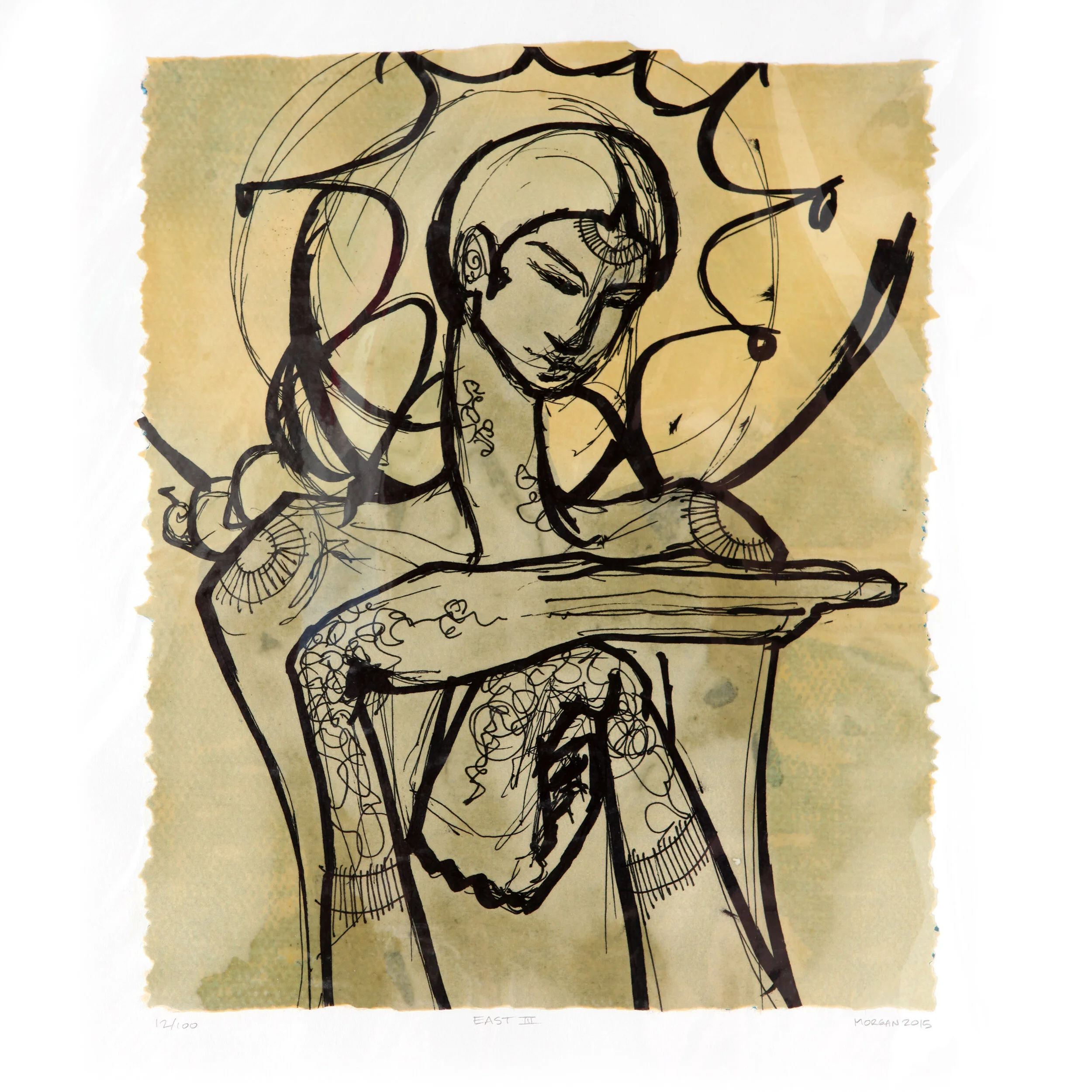 Kate Morgan art female artist original hand layered mixed media mono print drawing painting printmaking assemblage signed numbered "East"