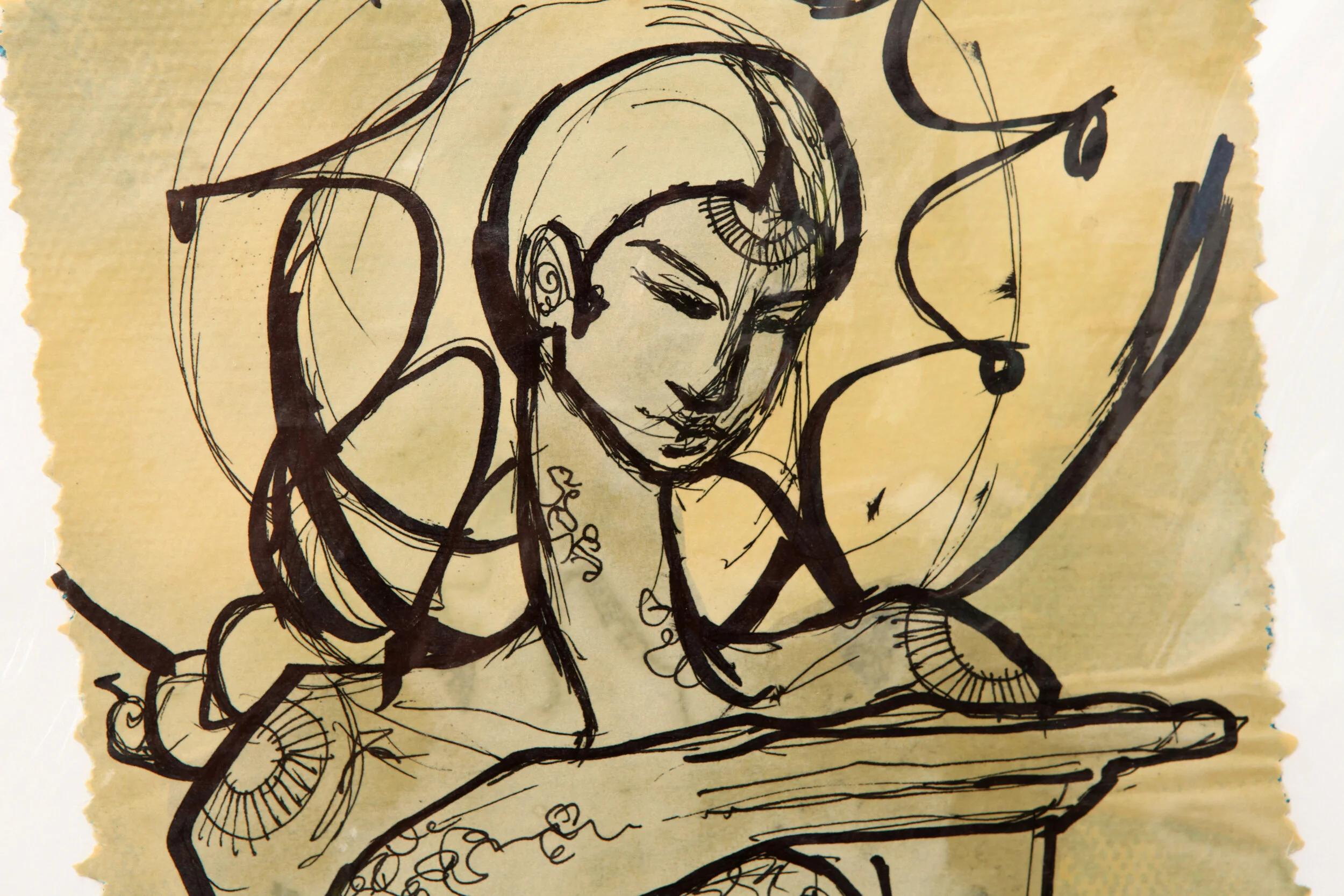 detail of Kate Morgan art female artist original hand layered mixed media mono print drawing painting printmaking assemblage signed numbered "East"