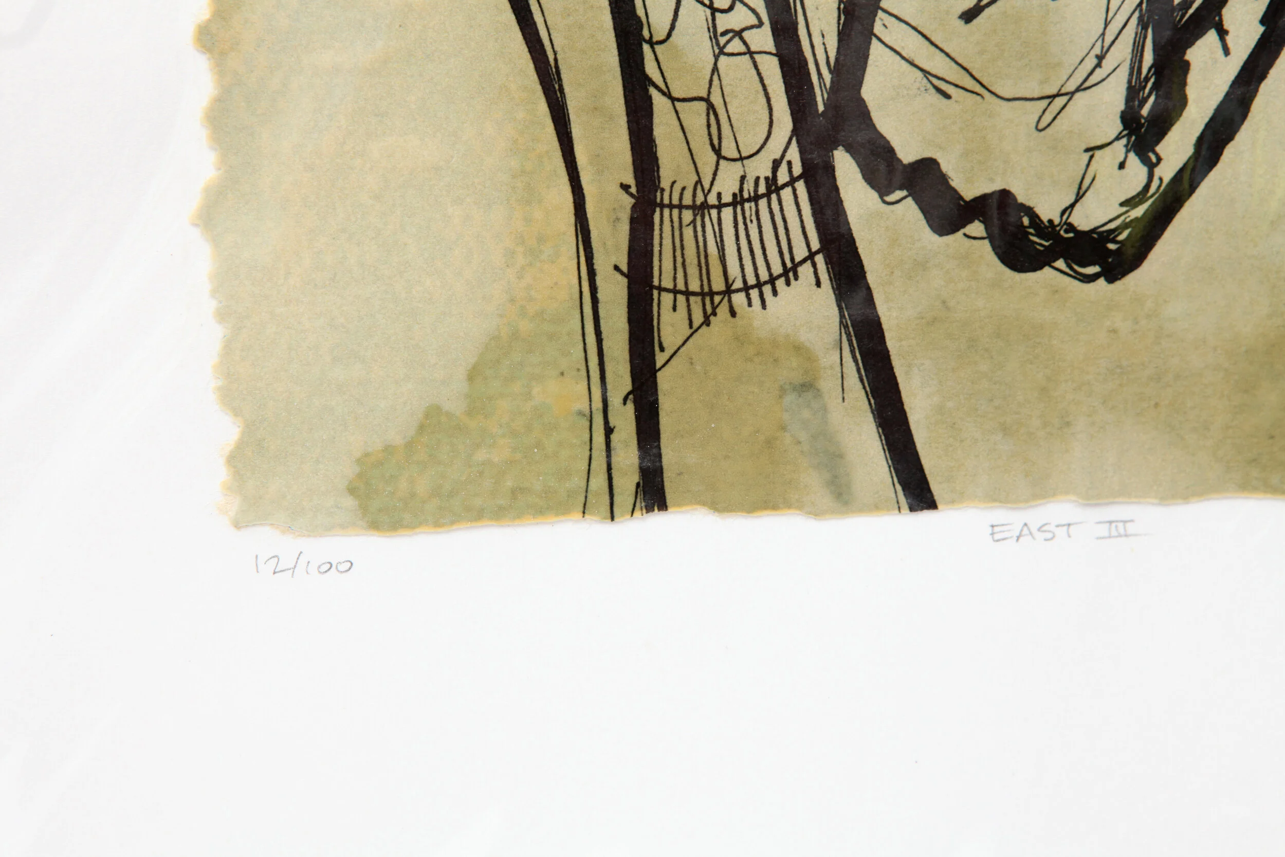 detail of Kate Morgan art female artist original hand layered mixed media mono print drawing painting printmaking assemblage signed numbered "East"