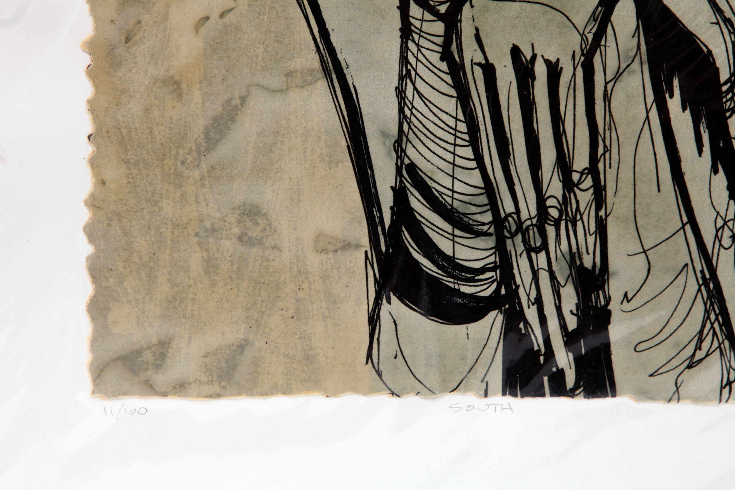 detail of Kate Morgan art female artist original hand layered mixed media mono print drawing painting printmaking assemblage signed numbered "South"