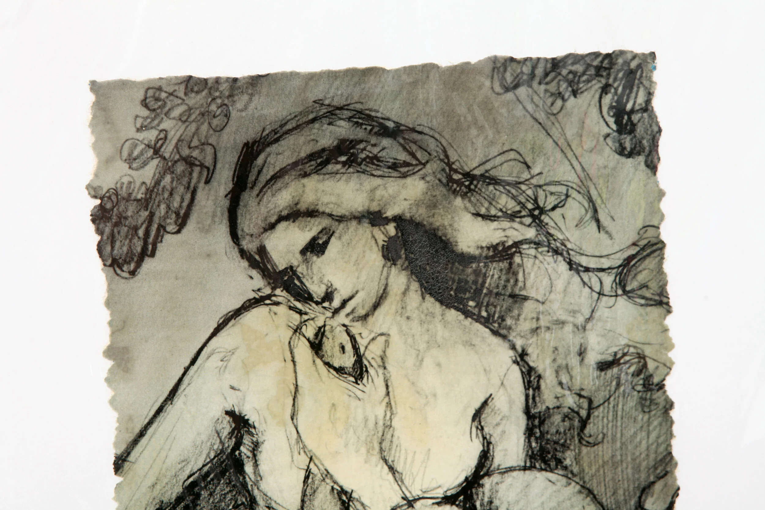 detail of Kate Morgan art female artist original hand layered mixed media mono print drawing painting printmaking assemblage signed numbered "Age of Reason"