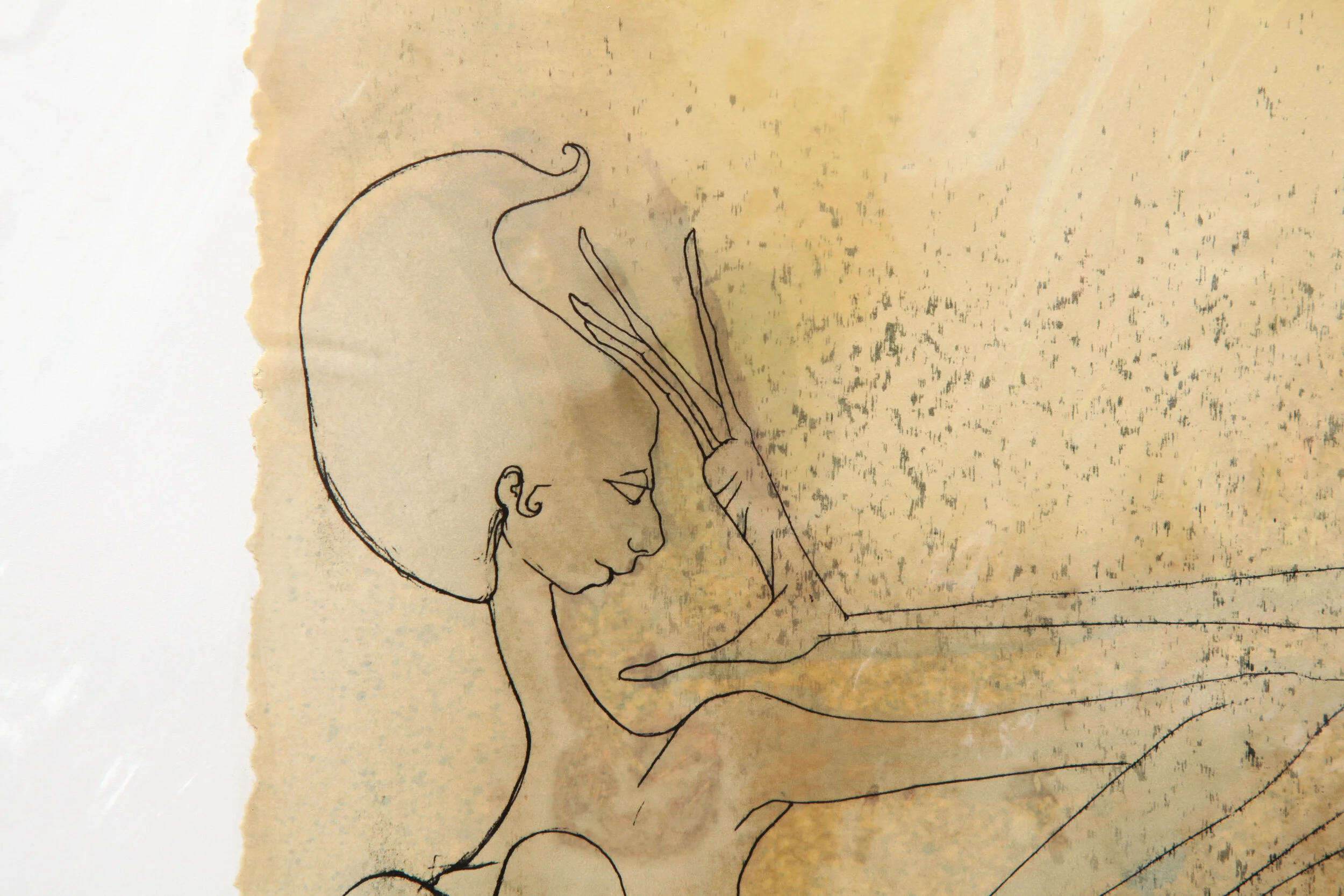 detail of Kate Morgan art female artist original hand layered mixed media mono print drawing painting printmaking assemblage signed numbered "Informer"