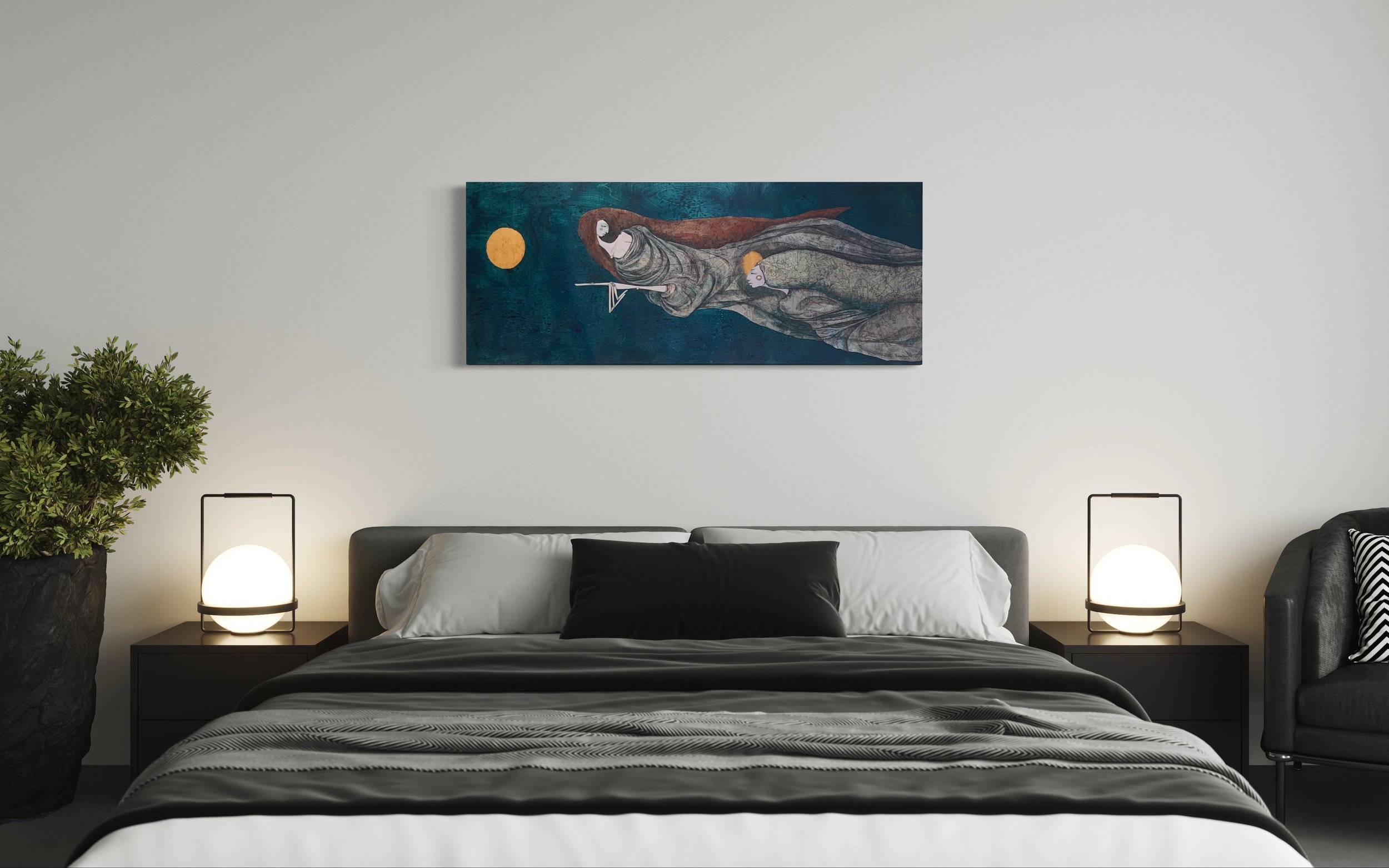 Oversized canvas giclee of a collage painting featuring two elongated, ghostly figures in flowing robes against a dark teal background. A bright gold moon hovers to the left. A Kate Morgan original